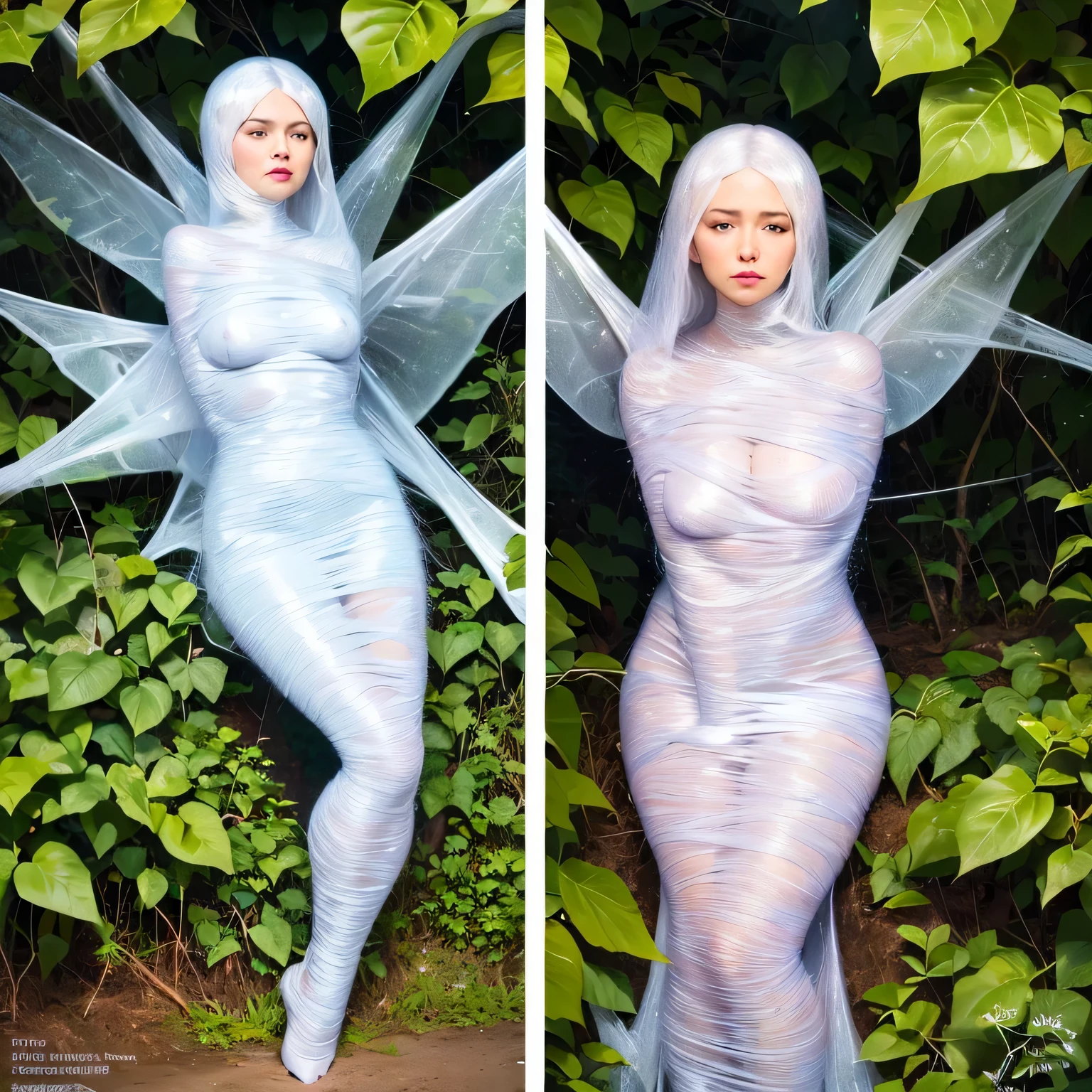 (a) fairy, beautiful,detailed wings, detailed dress, detailed face, (highres:1.2), (realistic:1.37)
medium: oil painting
(a) girl, trapped, hanging, (best quality, 8k, highres:1.2), (realistic, photo-realistic: 1.37)
spider web, dense, delicate, intricate
(garden) plants, flowers, vibrant colors
(light) soft, ethereal, sunlight filtering through the trees
(d) cobweb, sticky strands, shimmering
(cocoon) silk, translucent, wrapped tightly