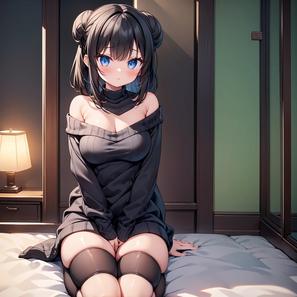 highest quality,wonderful,finely,extremely detailed CG Unity 8K wallpaper, (1 girl, Black Hair, double bun), (midium breasts:1.1),(off-shoulder sweater:1.3), (Black knee socks:1.1),(Thighs:1.2),(Waistline:1.2)