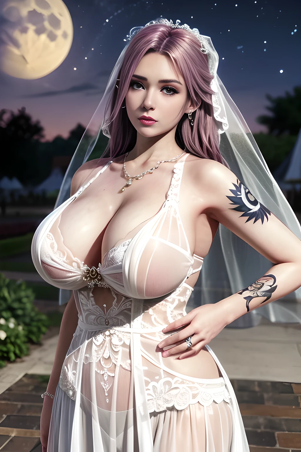1 girl,lean over WINK,((  Wedding Dress, see-through)), outdoor,elegant,nighttime,moonlighe,shiny skin,( huge breasts:1.1), lip gloss,( tattoos:1.3), masterpiece, best quality, realistic ,Surrealism,natural colors art in 8k,soft shadows,Portrait art,solo,  elise,