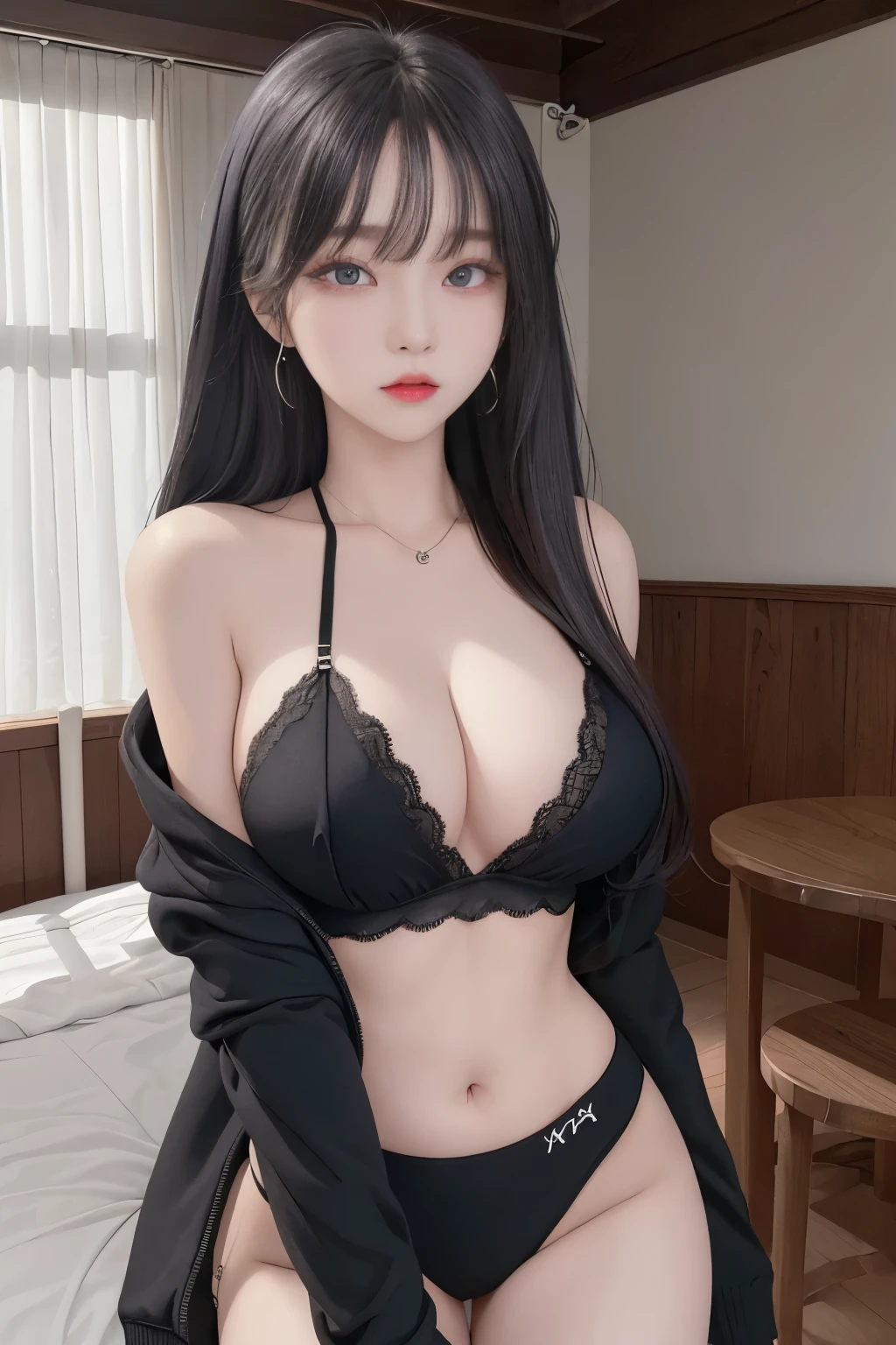 Top image quality、Raw photography、A high resolution、20-year-old cool Korean、big round chest、Hoodie without front closed、lace underwear、Beautiful Eyes of Details、very elongated eyes、Beautiful eyelashes、Beautiful double eyelids、eyeshadows、耳Nipple Ring, indoor