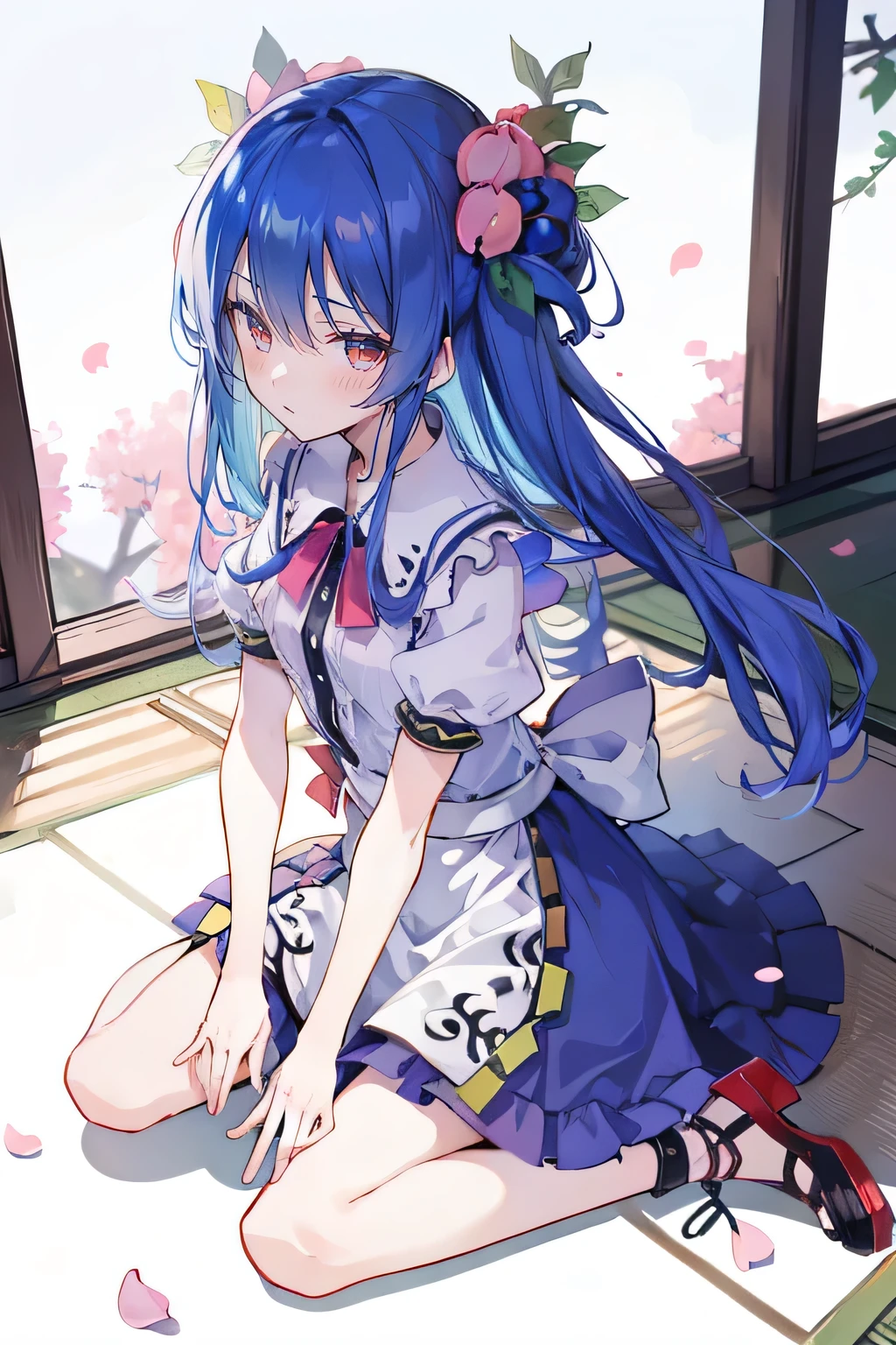 (best quality, masterpiece:1.2), expressive eyes, perfect face, 1 girl, hands on waist, beautiful, gorgeous, Japanese animation, Lola, Hinamori Angel, blue hair, floating clothes, waist grab, waist grab, hands on hips, sitting, sitting on the ground, legs on the ground, flat-chested, falling petals, sitting in a pavilion, pavilion,sunrise,Petals fall,