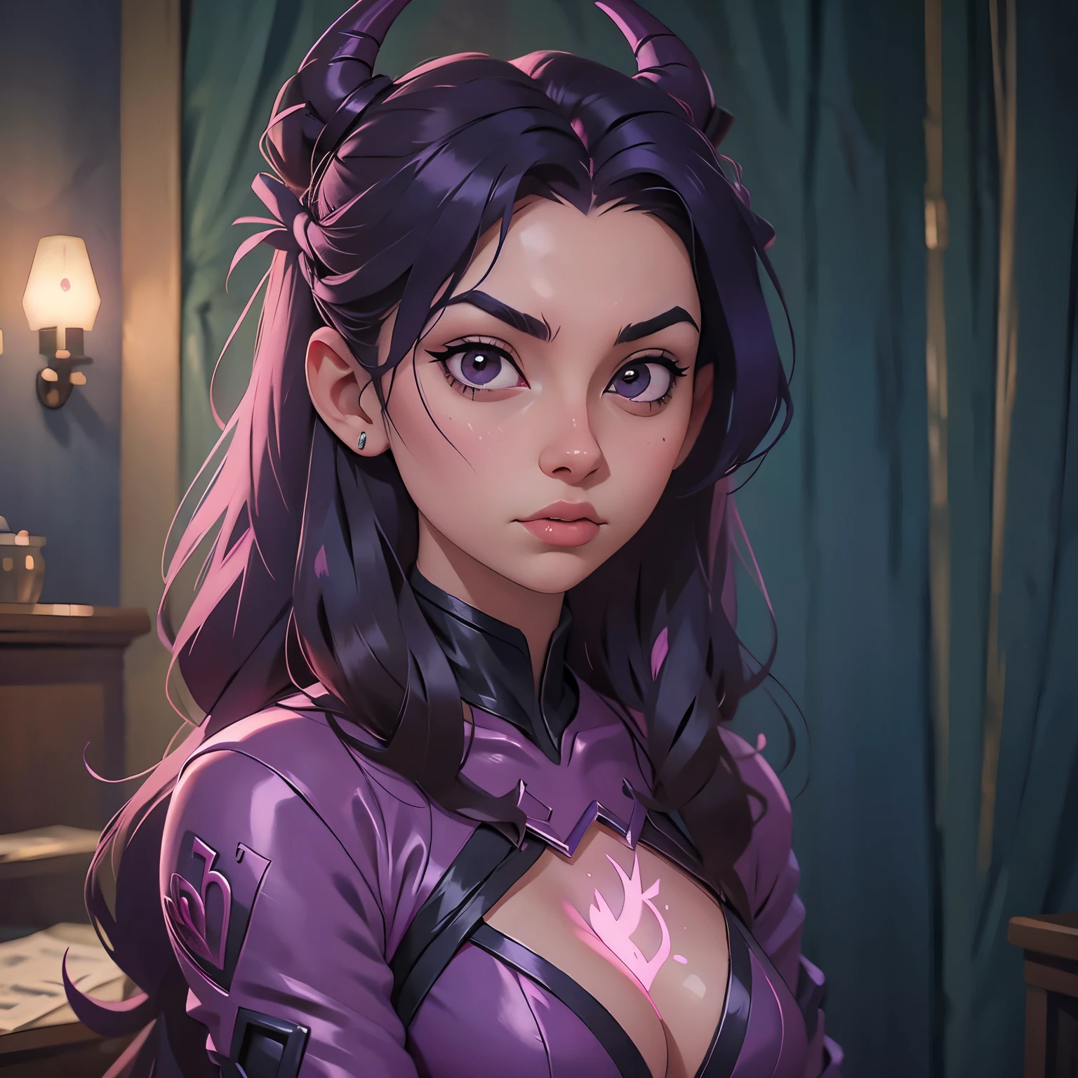 a woman with long hair and a pink light in her hand, cyberpunk art by Kieran Yanner, Artstation, conceptual art, tiefling, demon girl, beautiful succubus, nocturne from league of legends, demon woman, tiefling from d & d, portrait of a female demon, demonic creature, widowmaker's former lover, dark demonic dancer