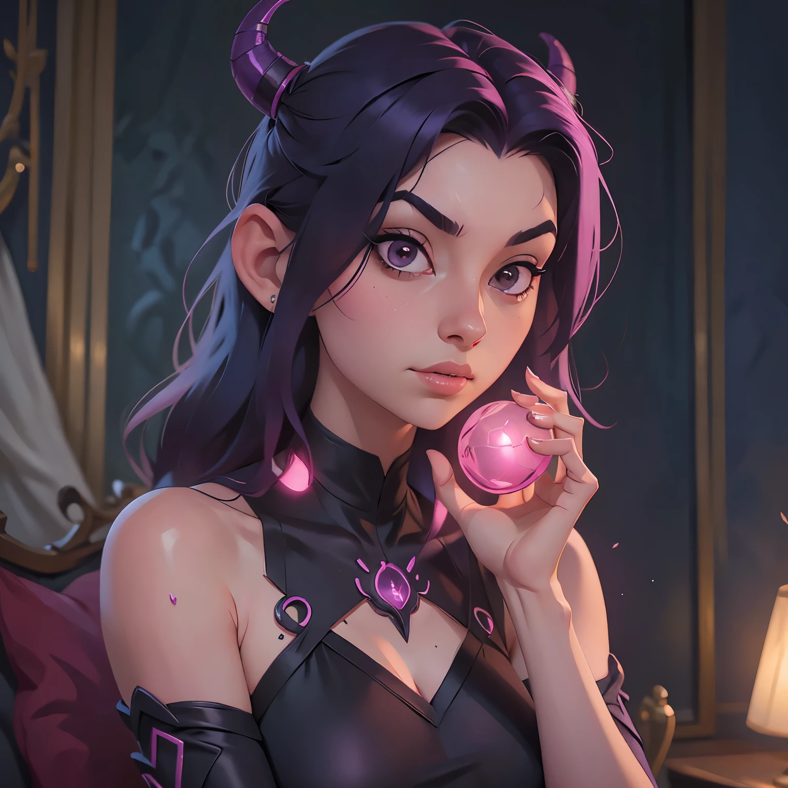 a woman with long hair and a pink light in her hand, cyberpunk art by Kieran Yanner, Artstation, conceptual art, tiefling, demon girl, beautiful succubus, nocturne from league of legends, demon woman, tiefling from d & d, portrait of a female demon, demonic creature, widowmaker's former lover, dark demonic dancer