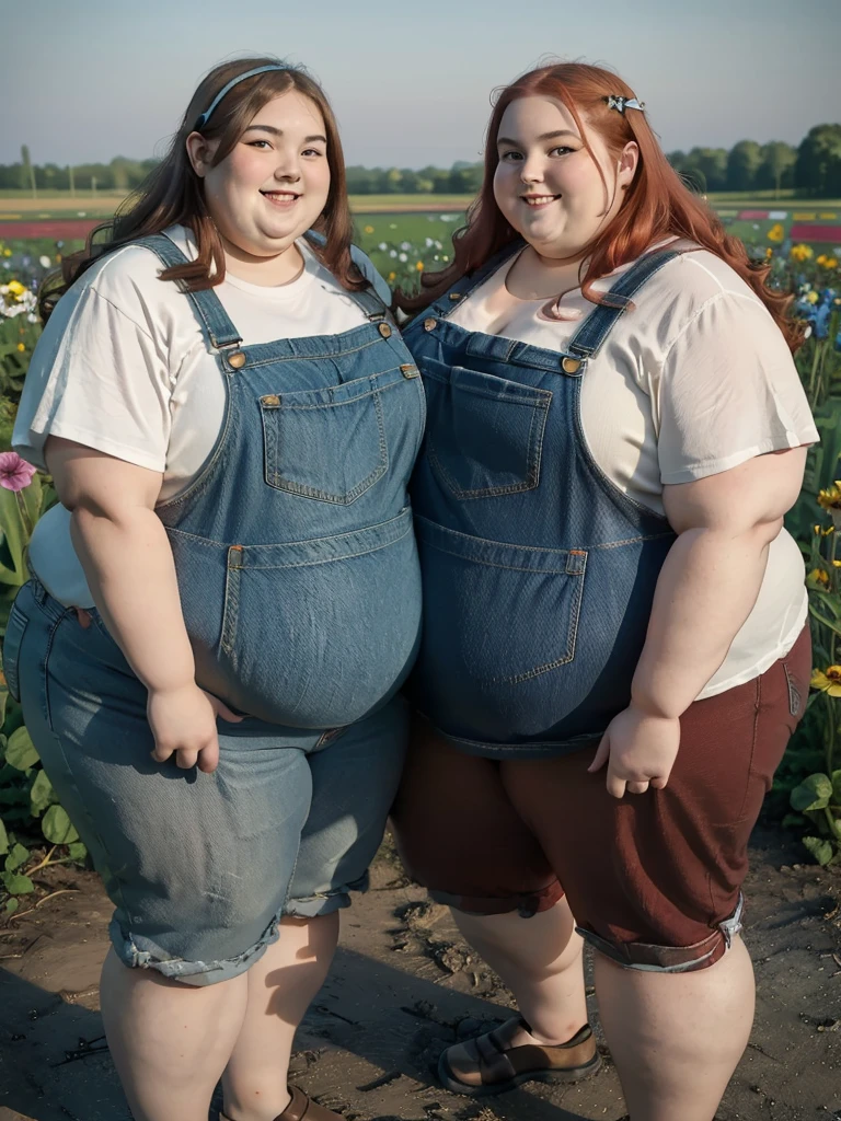 masterpiece, best quality, two obese ssbbw sisters standing next to eachother on a farm, farm, fat, obese, ssbbw, sisters, two characters, wearing only overalls, smiling, young, ???, ((16-years-old)), morbidly obese, blob, immobile, copper hair, wavy hair, twins,, wide-angle shot, shallow depth of field, casual photo, colorful, two people, both equally as fat, both equally as old, ((twins))