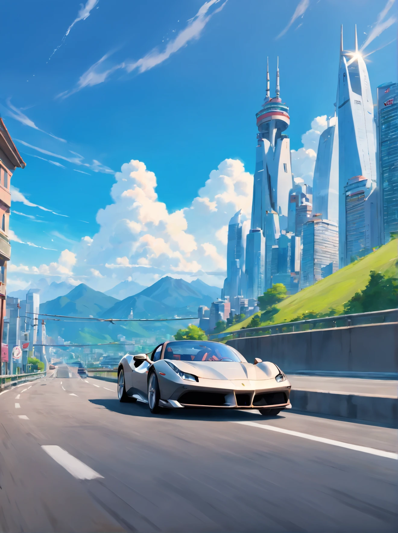 (Best quality, 8k, Masterpiece :1.2), hyper realistic, at a mountain, an detailed black Ferrari 488, Speeding on the highway, (Facing the audience), The blue skyscraper in the background, during the day, blue sky, few clouds