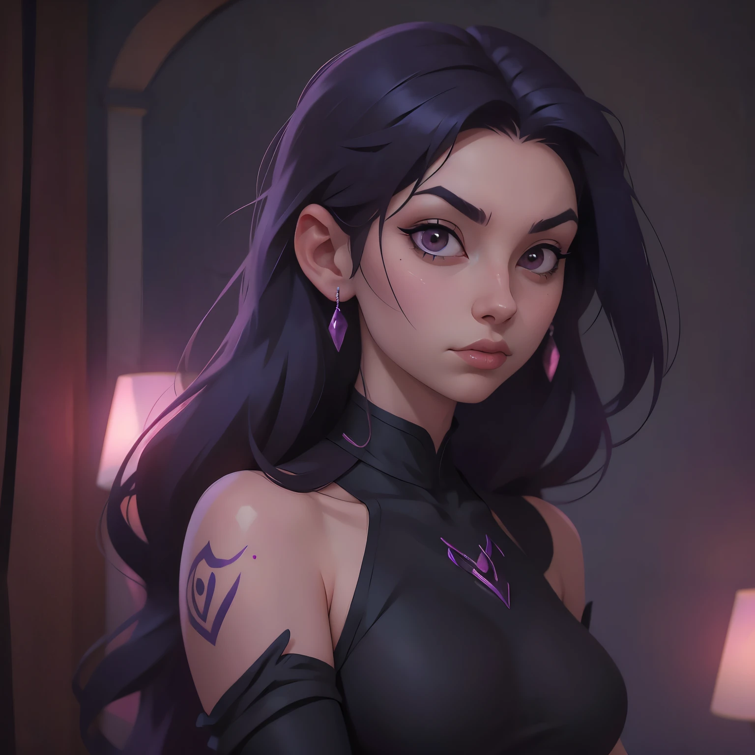 a woman with long hair and a pink light in her hand, cyberpunk art by Kieran Yanner, Artstation, conceptual art, tiefling, demon girl, beautiful succubus, nocturne from league of legends, demon woman, tiefling from d & d, portrait of a female demon, demonic creature, widowmaker's former lover, dark demonic dancer