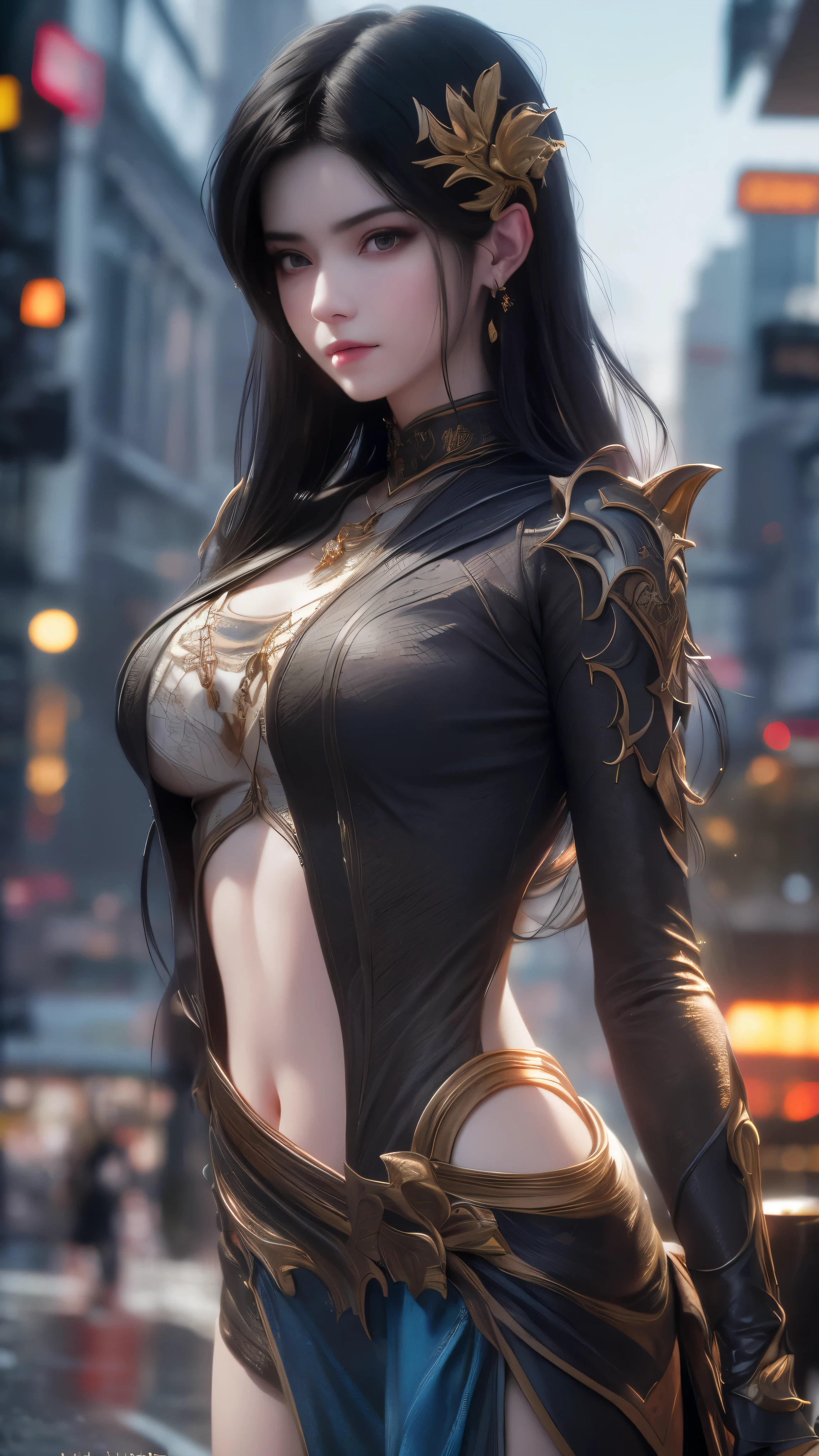 (8K, Best Quality, Masterpiece:1.2), (Realistic, Photo Realistic:1.37), Ultra Detail, Best Quality, Ultra High Resolution, Professional Lighting, Photon Mapping, Radio City, Physically based rendering, Cinematic lighting, pedestrian street, Depth of field in rain, Sharp focus,Sunbeams, good composition,(Bokeh:1.2) 1girll,Solo,(see close up), Beautiful detailed eyes, Cold face, Posture, Narrow waist, Medium bust, (Random colorful clothes), Black hair, Messy hair, long hair floating in the wind, (Ulzzang- 6500:1.2)