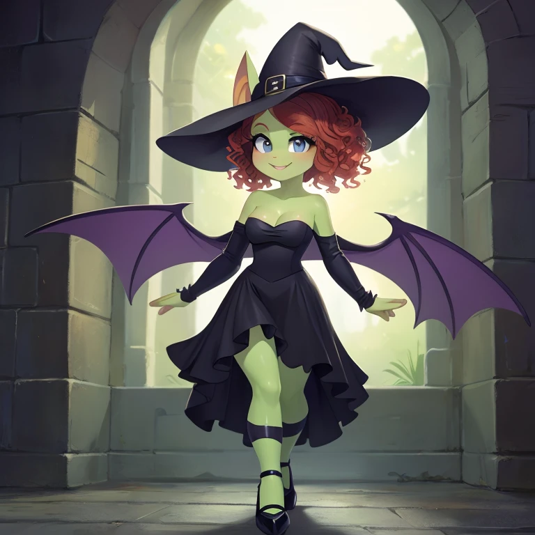 a tall and slender fairy-witch with light green skin, curly, vibrant red hair, bright light blue and graphite gray eyes, dainty, dark-violet bat wings, wearing green and violet striped leggings, worn beneath a low-cut, strapless black dress with cleavage that flares out into a tutu, violet heels with whimsically curled toes, a black witch hat. Solo. 1girl.
