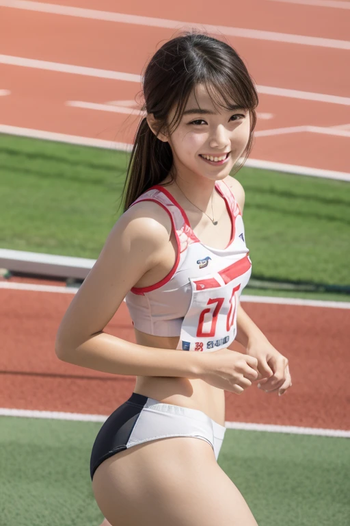 extremely detailed CG unity 8k wallpaper, best quality, ultra-detailed, masterpiece, realistic, photo realistic, extremely detailed cute girl, 25years old, (wearing Track and Field Uniforms), (race bib), smile , belly button, Half body shot , track-and-field arena , (get sweaty) , sitting, crossed legs