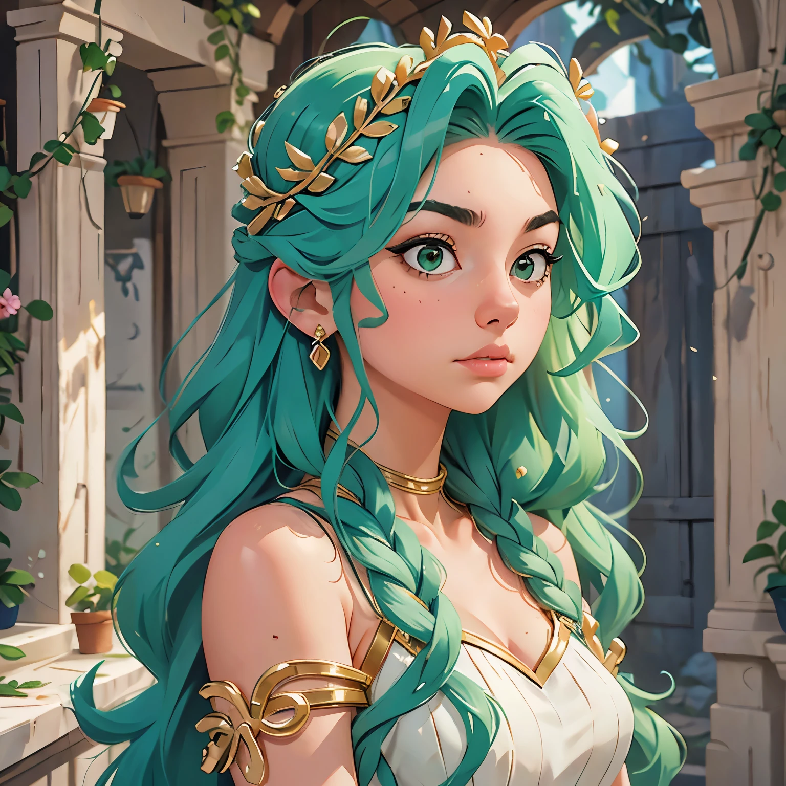 a drawing of a woman with a green hair and a white dress, beautiful female gorgon, ancient goddess, portrait of teenage medusa, very sad medusa, female medusa long hair, fierce medusa, goddess of greek mythology, her many snakes as hair, medusa, greek goddess, earth goddess mythology, male medusa, old greek goddess, the greek goddess aphrotite