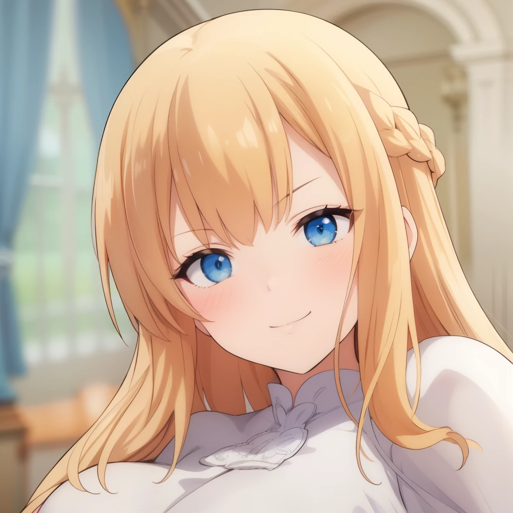 high quality, masterpiece. thick outlines. girl. braided hair. Blue eyes. haughty face. sly eyes. Evil haughty smile. white elegant dress. against the backdrop of a luxurious room. 