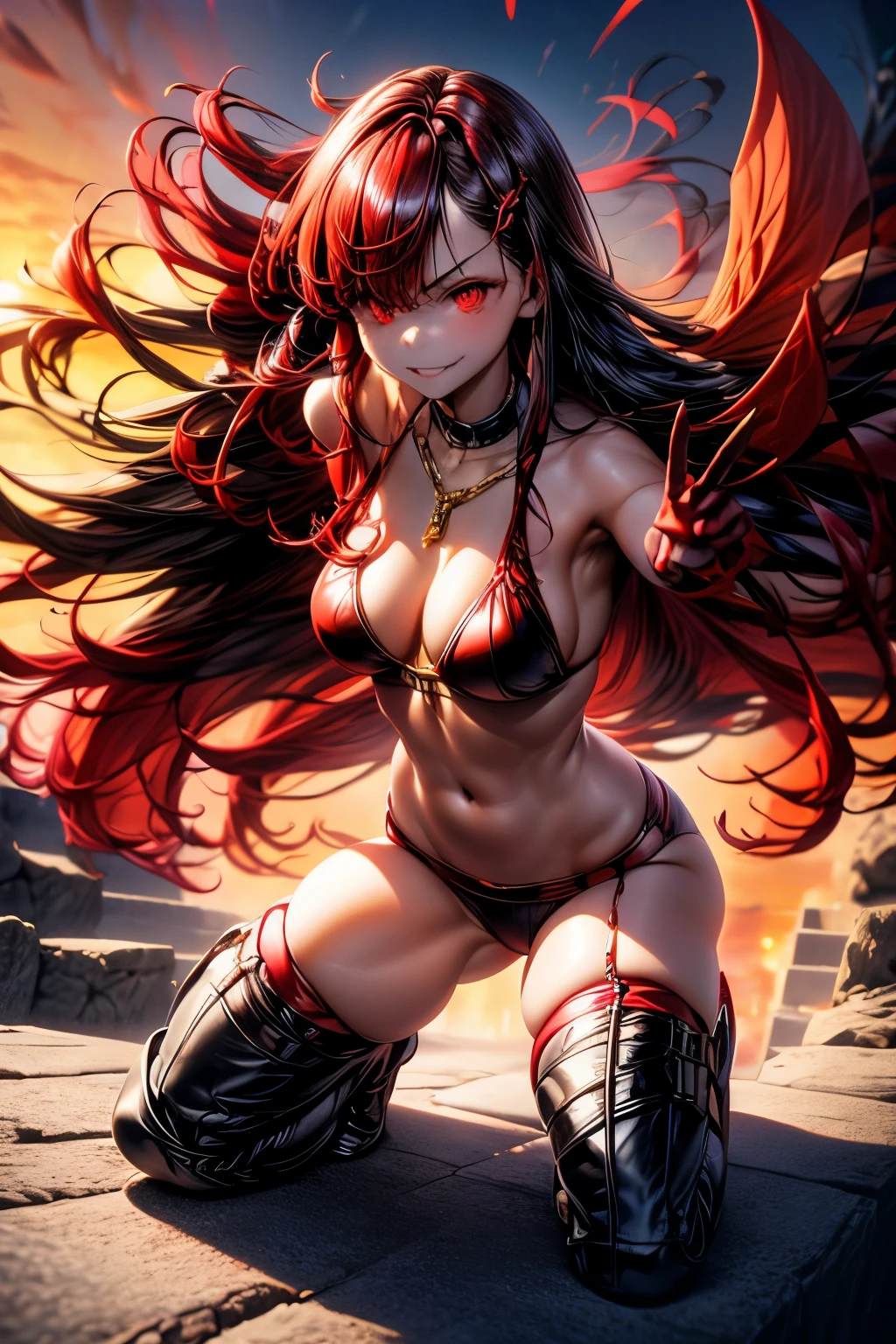 squatting pose, bikini (red), curvy, big , black hair, long hair, smiling, frowning, stockings, stairs, sunset, red eyes, peace sign
