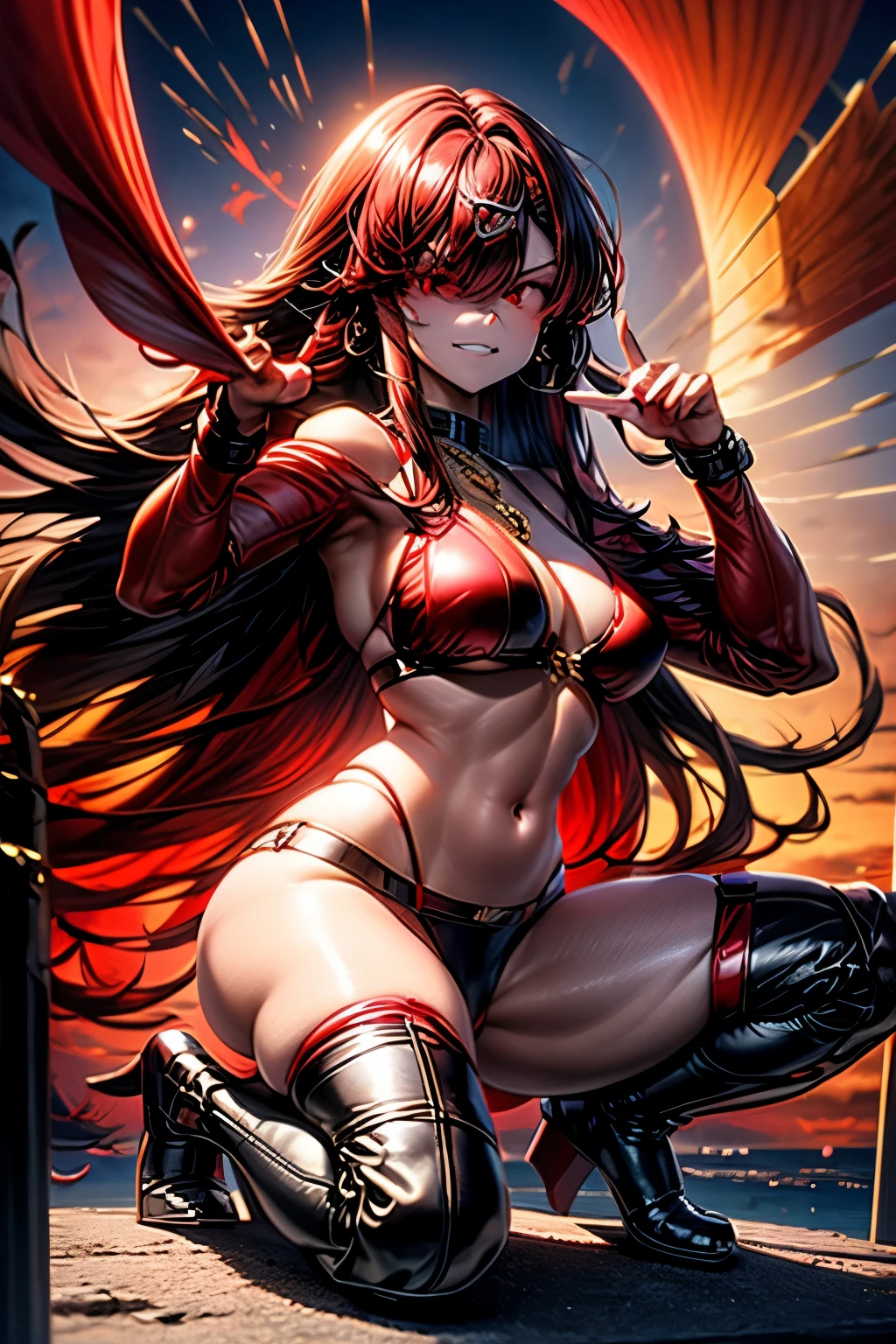 squatting pose, bikini (red), curvy, big , black hair, long hair, smiling, frowning, stockings, stairs, sunset, red eyes, peace sign