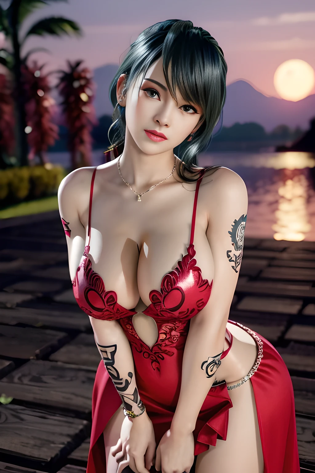 1 girl,lean over WINK, (dark red Wedding Dress,see-through), nighttime,moon,( huge breasts:1.1),cleavage,shiny skin,lip gloss,( tattoos:1.2), masterpiece, best quality, realistic ,Surrealism,Rich artistic colors,natural colors art in 8k,3D,Portrait art,solo, tamaki