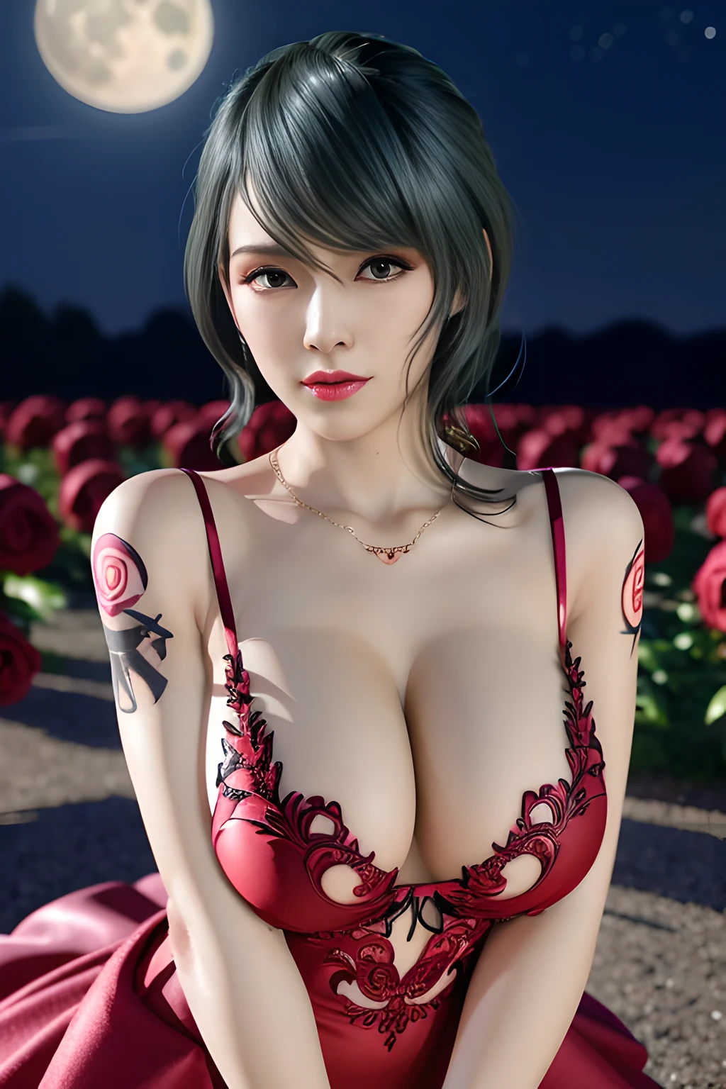 1 girl,lean over WINK, (dark red Wedding Dress,see-through), nighttime,moon,( huge breasts:1.1),cleavage,shiny skin,lip gloss,( tattoos:1.2), masterpiece, best quality, realistic ,Surrealism,Rich artistic colors,natural colors art in 8k,3D,Portrait art,solo, tamaki