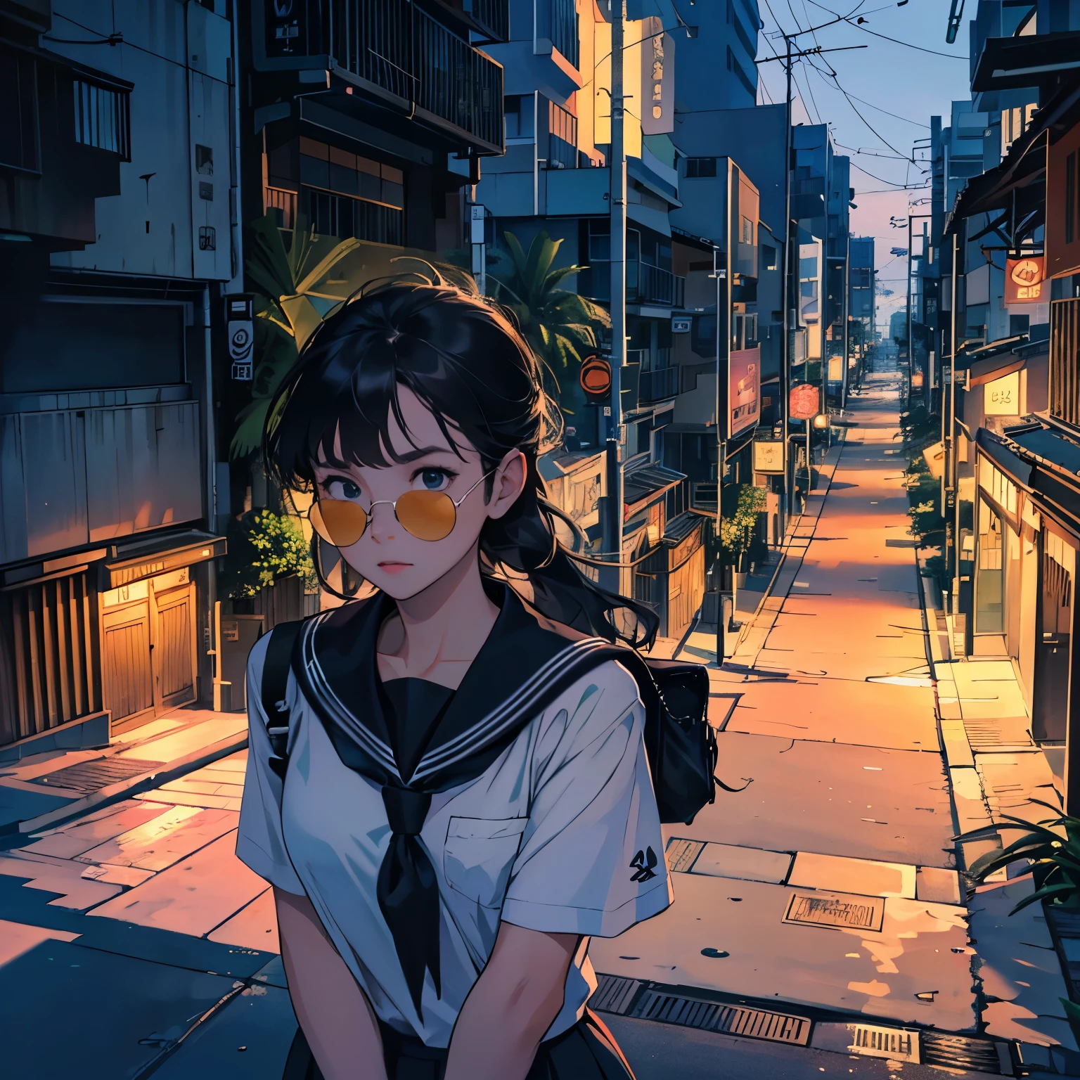 (bird's eye view from above),(diagonal angle),(at night),(Two persons),(girl and youngman),(two people in a car), (a foreign car),(Passersby pass by on the sidewalk )In a busy downtown area at night, while passersby are bustling about, a middle school girl in a sailor uniform is riding in a foreign car driven by a man wearing sunglasses and an Hawaiian shirt, sticking her head out of the passenger seat and looking out at the street.