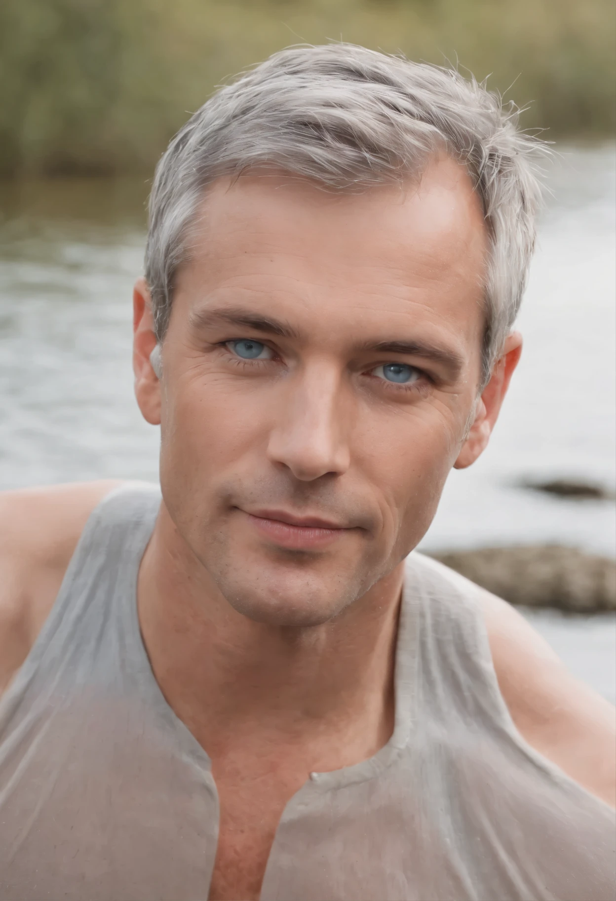 Richard était un homme de 40 ans, solide et robuste. Tanned skin and very light blue eyes, seductive and virile expression. His gray hair fell like waves on his strong bare shoulders... He was wet and naked, assis sur le pont en bois au bord d'un lac, regardant le mien depuis l'water in a fun way.