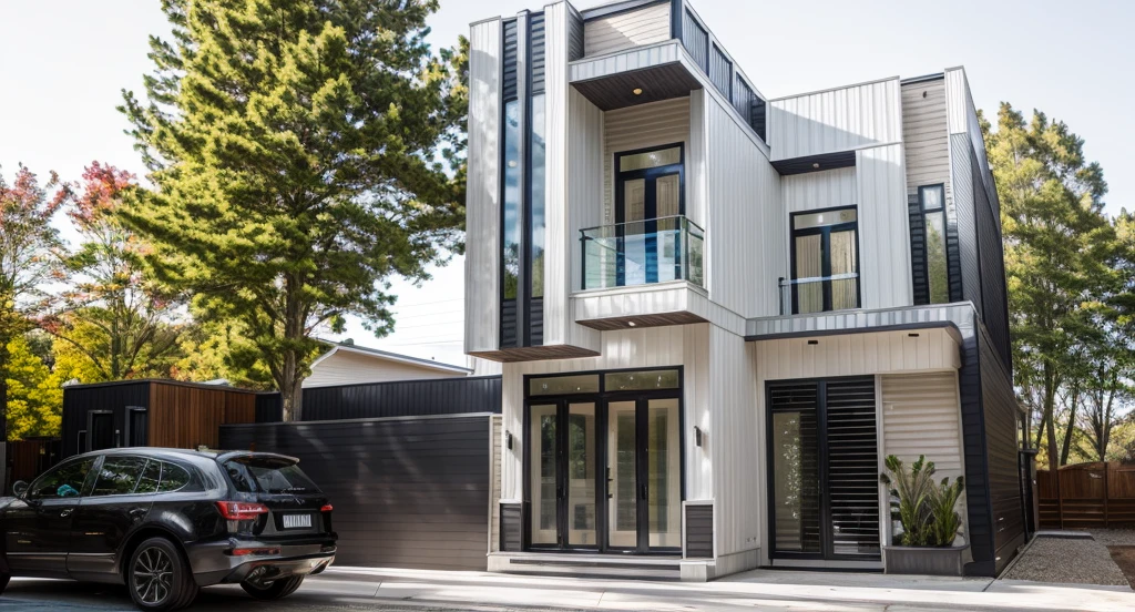 house exterior contemporary style, modernism, glass doors and windows,black metal rail, conwood ceilling, masterpiece, highquality, realistic photo, canon eos 5D mark, natural light,