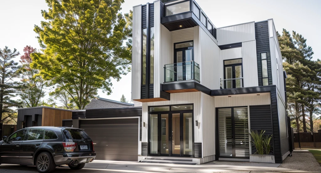 house exterior contemporary style, modernism, glass doors and windows,black metal rail, conwood ceilling, masterpiece, highquality, realistic photo, canon eos 5D mark, natural light,