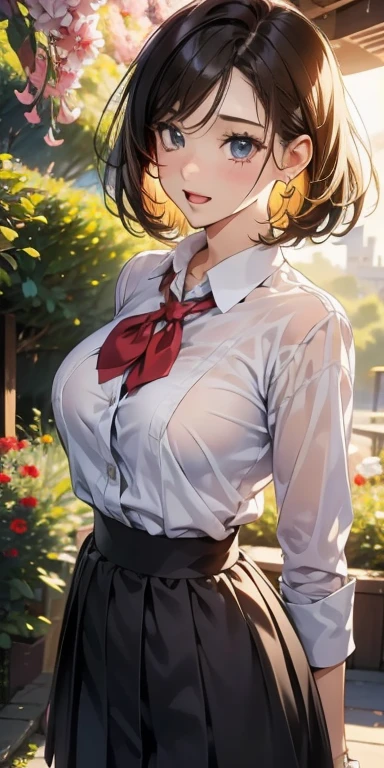 (masutepiece:1.4), ((Best Quality)), (Ultra-detailed), ((kawaii)), (Cute), (Upper body), (colouring), ((Extremely detailed)), 4K, (8K), Best Quality, (Beautiful), Illustration, Anime style, Dynamic Angle, shooting pose, Shake your chest, (from wildcard:1.4), heavy outline, clear outlines, Gradation, (full body focus), (English Garden), ,1girl in, (School Uniforms), Solo, (DarkBrown hair),(Beautiful colored eyes),slightly wheat-colored skin,(large tits),Open mouth, Sweat, steam, sparkling effect, Lens Flare, shiny-glistening, gleaming