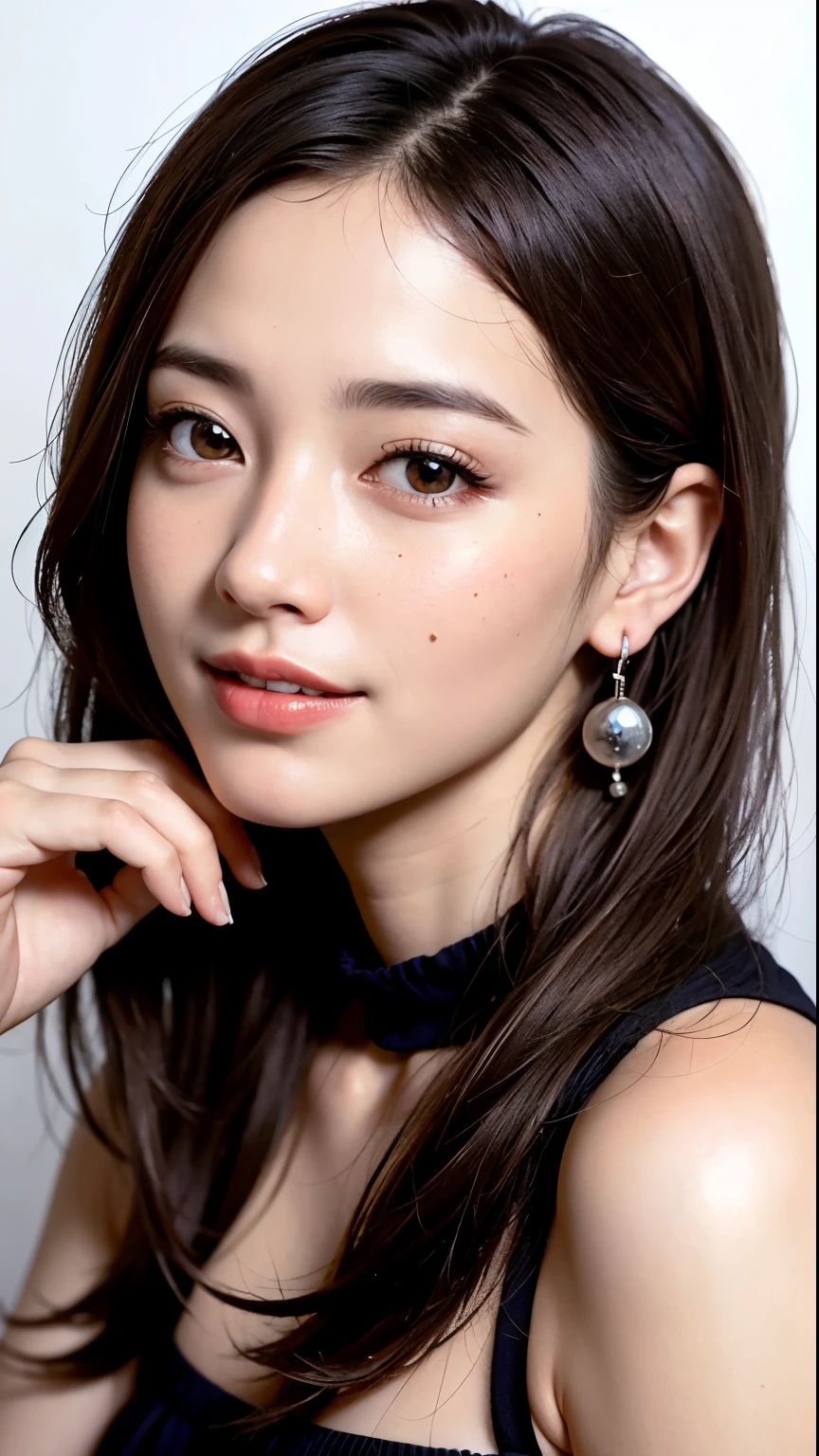 (highest quality, 8k, 32k, masterpiece, Ultra-high resolution:1.2),Beautiful Japanese Women Photos, alone, 1 girl, Glowing Skin, Glittering earrings, glamorous, Charm, Exposing shoulders, Sheer silk lace crop top, Tight Skirt, Shallow depth of field, Professional models, Look forward, Overbyte、Half-open mouth、blush:2.5、((Large Breasts))、Random hairstyles for short hair、Black Hair、close up face、Portrait、Teeth are visible、Wide mouth、Droopy eyes、round face、Multiple moles、Fair skin、A lively 24-year-old、Brown eyes、Big smile、((Chubby)),The gesture of pulling up the hair、I can see the side、Distant eyes、Round Nose