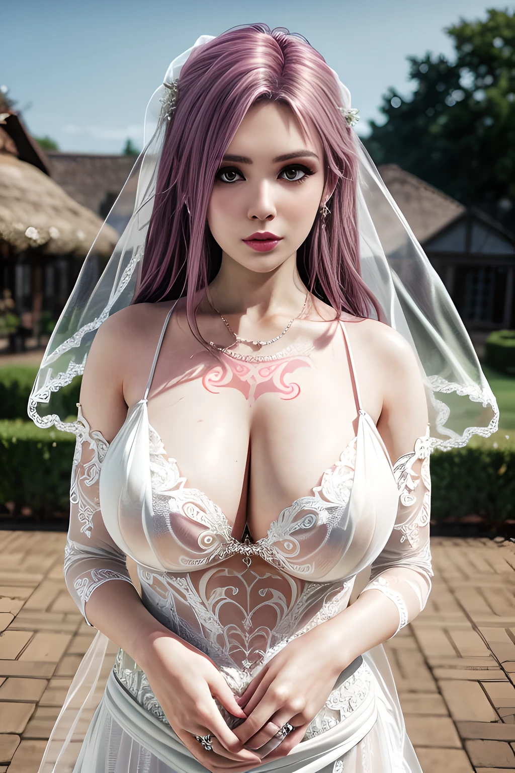 1 girl,lean over WINK,(( Wedding Dress, see-through)), outdoor,elegant,nighttime,moonlighe,shiny skin,( huge breasts:1.1), lip gloss,( tattoos:1.3), masterpiece, best quality, realistic ,Surrealism,natural colors art in 8k,soft shadows,Portrait art,solo, elise,