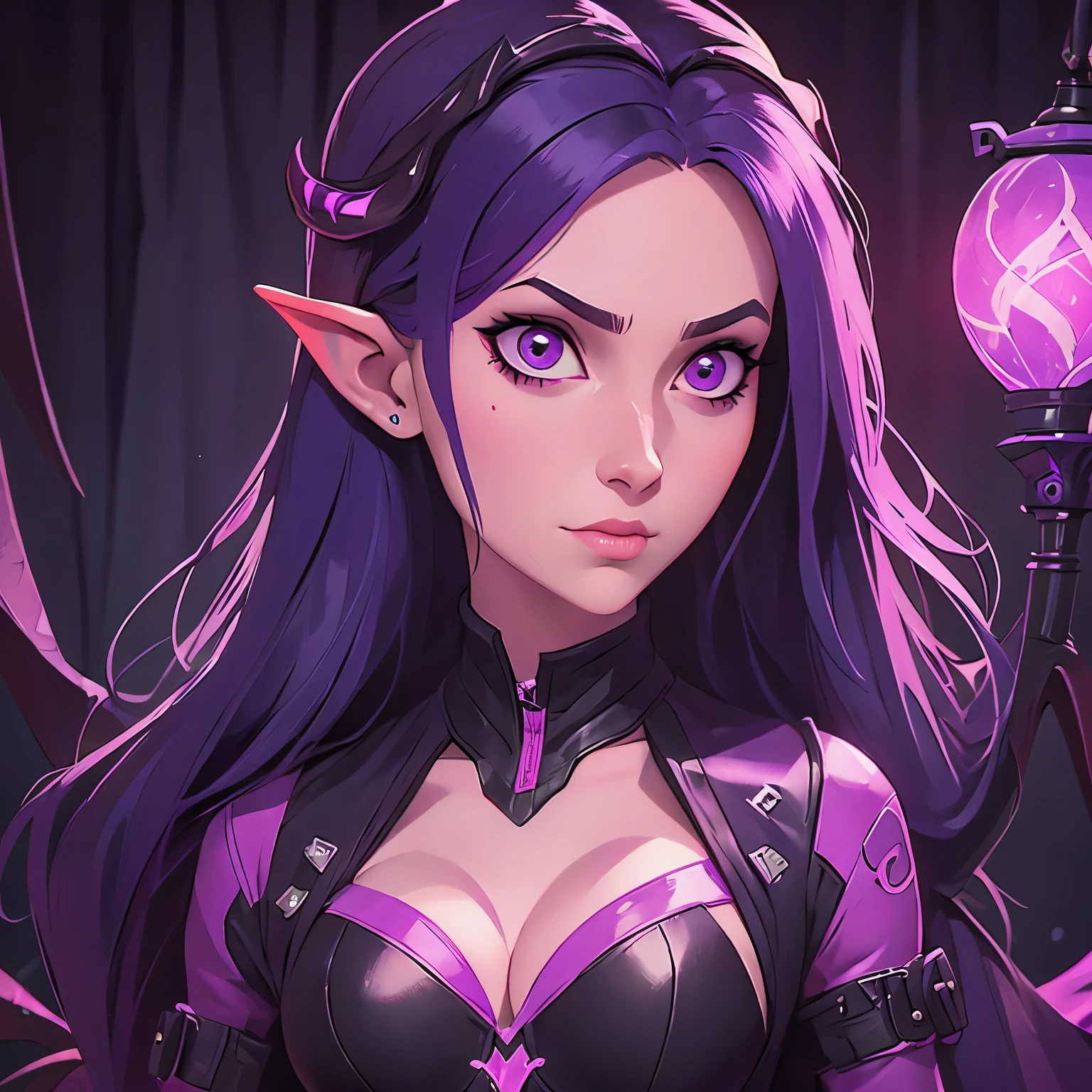 a woman with long hair and a pink light in her hand, cyberpunk art by Kieran Yanner, Artstation, conceptual art, tiefling, demon girl, beautiful succubus, nocturne from league of legends, demon woman, tiefling from d & d, portrait of a female demon, demonic creature, widowmaker's former lover, dark demonic dancer