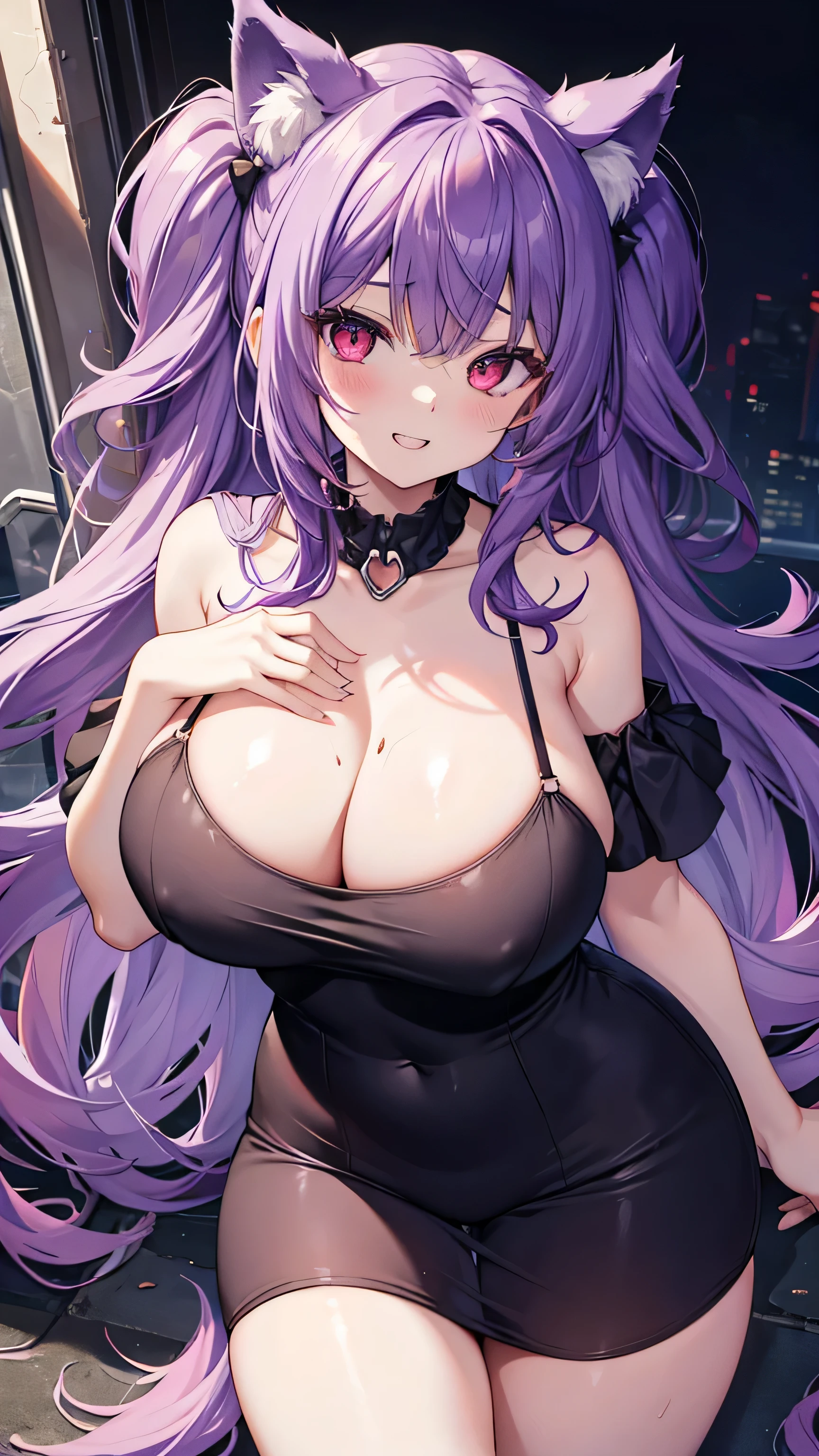 Wolf Girl, Large Breasts, Voluminous purple hair, masterpiece , Red eyes, hd, Thick thighs, Head to Chest, buried in my chest、Underboob、Double teeth、tooth、camisole、Chubby、Grinning