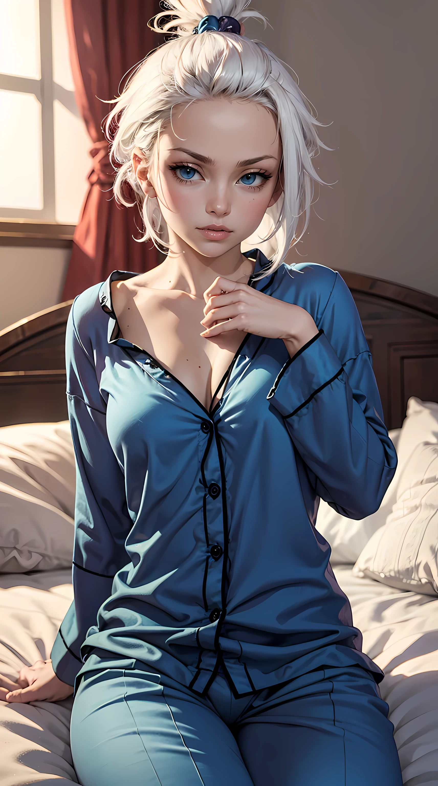 Beautiful white hair girl is shown to have a small figure, she is wearing a nsfw pajamas, sexy look, ponytail, blue eyes, girl sitting on bed, sexy session, sexy pose, cowboy shot, superior quality, many details, realistic