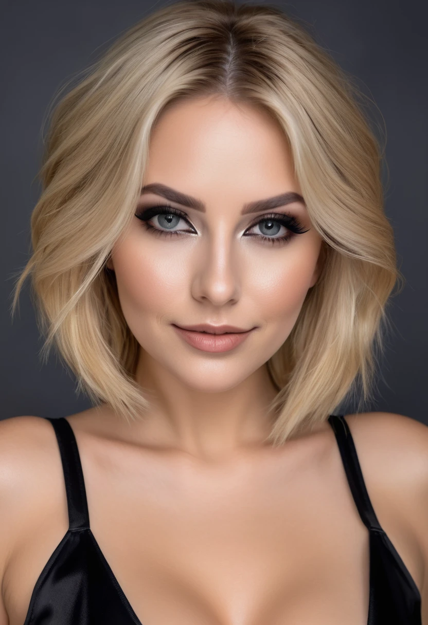 hyperrealistic beautiful busty 30-year-old women in ultra shiny metallic black jumpsuit, model shooting mugshot photography, dyed blonde classic bob, dark eye makeup with eyeliner, seductive smile, 8K, best quality, Meisterwerk, ultra high resolution, (Realismus: 1.4), Originalfoto, (realistische Hautstruktur: 1.3), (Filmkorn: 1.3), (Selfie-Winkel), 1 girl, Beautiful eyes and facial details, Meisterwerk, best quality