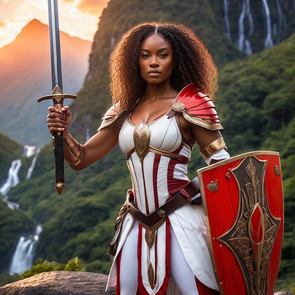(best quality,highres), black woman in her 30s, dressed in red and white, holding a sword and a shield, standing in a powerful pose, full-body shot, with detailed features, flowing curly hair, intense gaze, and confident expression. The background is a mythical landscape with majestic mountains, cascading waterfalls, and a vibrant sunset. The overall atmosphere is ethereal and magical, with rays of sunlight illuminating the scene. The artwork should be a digital illustration with intricate details, capturing the strength, beauty, and grace of the black woman as a mythological warrior.