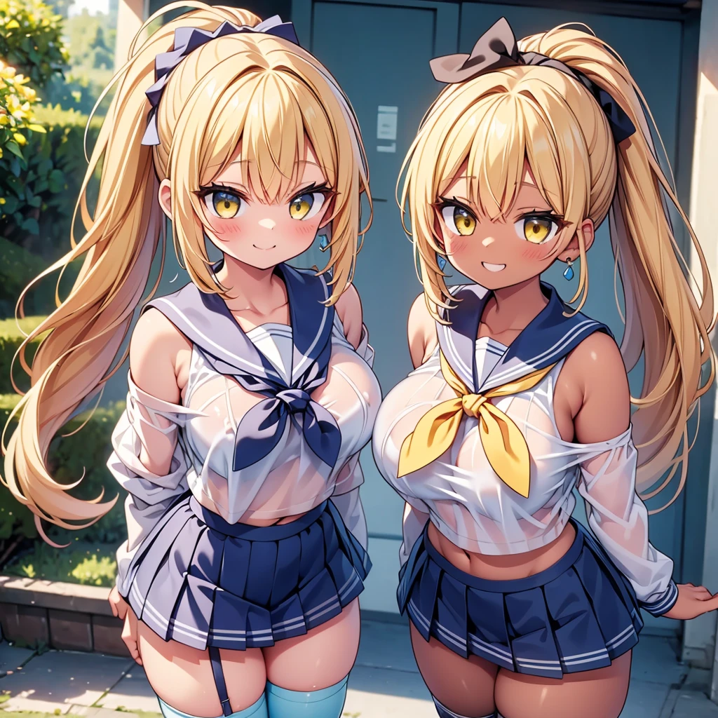 highest quality,wonderful,finely,extremely detailed CG Unity 8K wallpaper, (2 Girls,blonde, Yellow Eyes, Low Ponytail, Scrunchie, Earrings、Wicked Smile), (Grin:1.1), ((Brown Skin:1.2), (light blue striped bra:1.2), (see-through:1.3), (huge breasts:1.1),(off-shoulder sailor uniform:1.3), (zettai ryouiki:1.4)