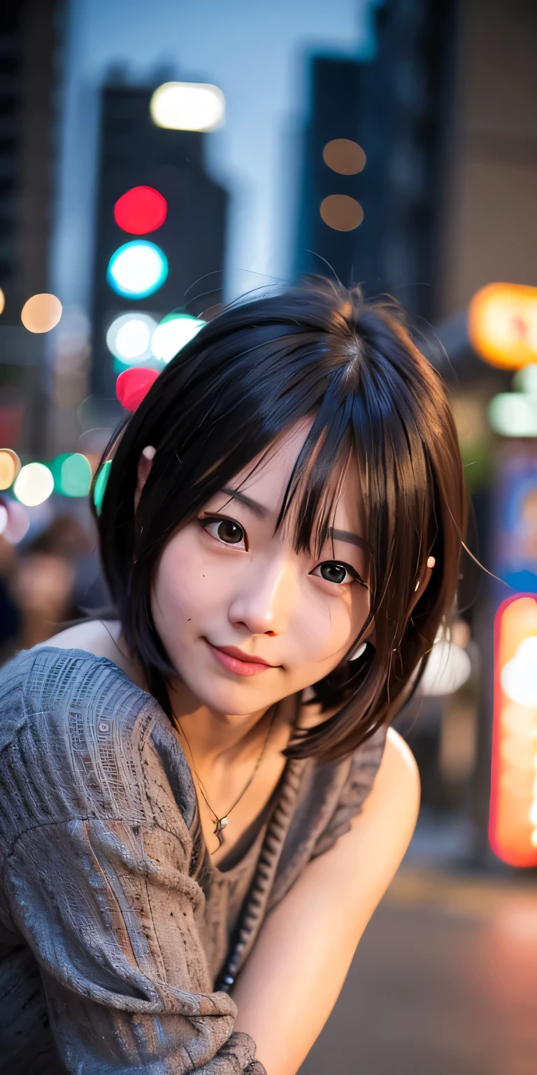 One girl, Tokyo Street,night, Cityscape,City lights,Upper Body,close,smile,, (8k, RAW Photos, highest quality, masterpiece:1.2),(Realistic, photo-Realistic:1.37),