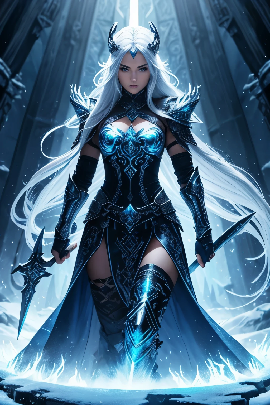 An imposing figure rises before you, her body clad in armor of dazzling blue and pristine white. Intricately carved Nordic symbols and frosty runes adorn her armor, reflecting the icy flames that billow from her mane of cascading, frost-tipped locks. A helm, a magnificent fusion of modern metals and ancient relics, sits atop her head, emitting an aura of unyielding coldness and dominance. With each step, her weapons, a harmonious blend of futuristic blades and ancient Nordic artifacts, emit an iridescent glow, poised to smash all obstacles that dare opp