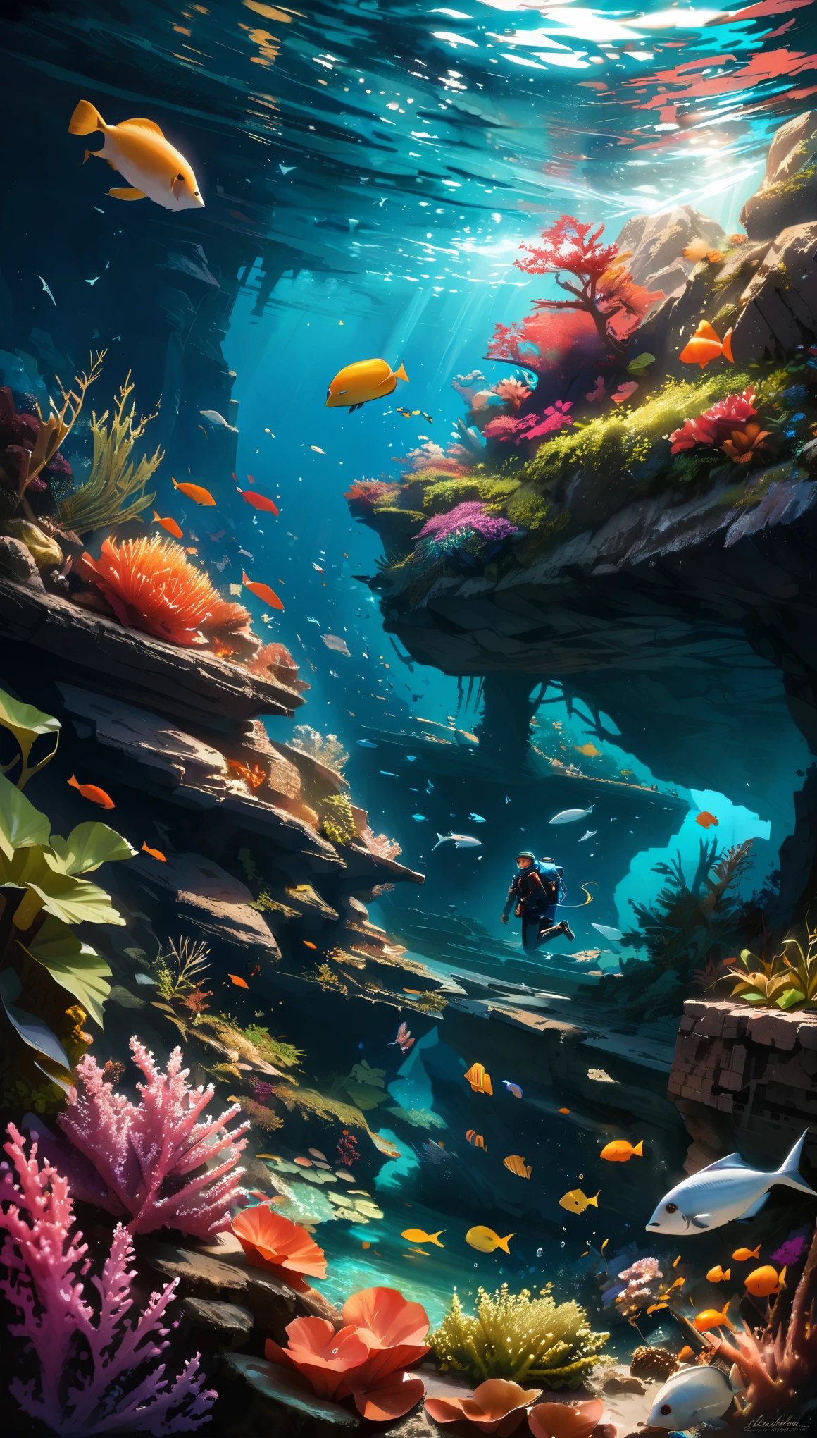 (best quality,4k,8k,highres,masterpiece:1.2),ultra-detailed,(realistic,photorealistic,photo-realistic:1.37),diving,1diver,girl,scuba diving outfit,underwater adventure,looking for Atlantis,sunken mythical city,beautiful detailed eyes,beautiful detailed lips,extremely detailed eyes and face,longeyelashes,clear water,coral reefs,fish swimming,bioluminescent creatures,colorful underwater plants,deep sea exploration,dramatic sunlight filtering through the water,sparkling ocean waves reflecting the light,thrilling underwater discovery,mysterious ancient ruins,crumbling architecture,rusty shipwrecks,endless blue depths,undiscovered treasures,exploring the depths with curiosity and determination,vibrant colors blending harmoniously,diver gracefully navigating the underwater world,peaceful yet exciting atmosphere,ethereal and enchanting scenery,dreamlike underwater landscape,uncovering the secrets of the deep sea,tangled seaweed swaying gently,interaction with marine life,deep breath as the diver prepares to dive,bubbles rising to the surface,weightlessness,feeling one with the ocean