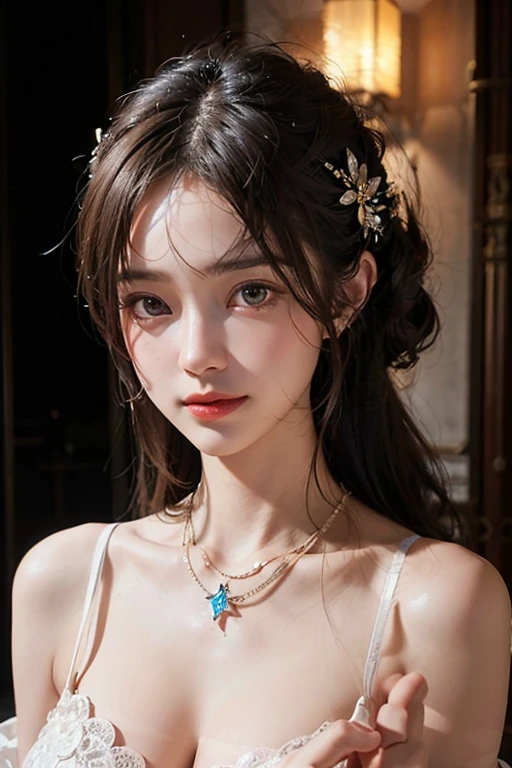 (masterpiece:1.3), (8K, Photorealsitic, Raw photography, Top image quality: 1.4), Japan high school girls、age18,(Random hairstyles:1.2)、cleavage of the breast:1.2、Super Detail Face、Eye of Detail、double eyelid、Bring your chest together、sharp focus:1.2、prety woman:1.4、light brown hair、top-quality、masterpiece、超A high resolution、(Photorealsitic:1.4)、Highly detailed and professional lighting smile、Loose steampunk costume、Shoulder out、slender、serious facial expression、hold gorgeous necklace in right hand, Inside the old castle