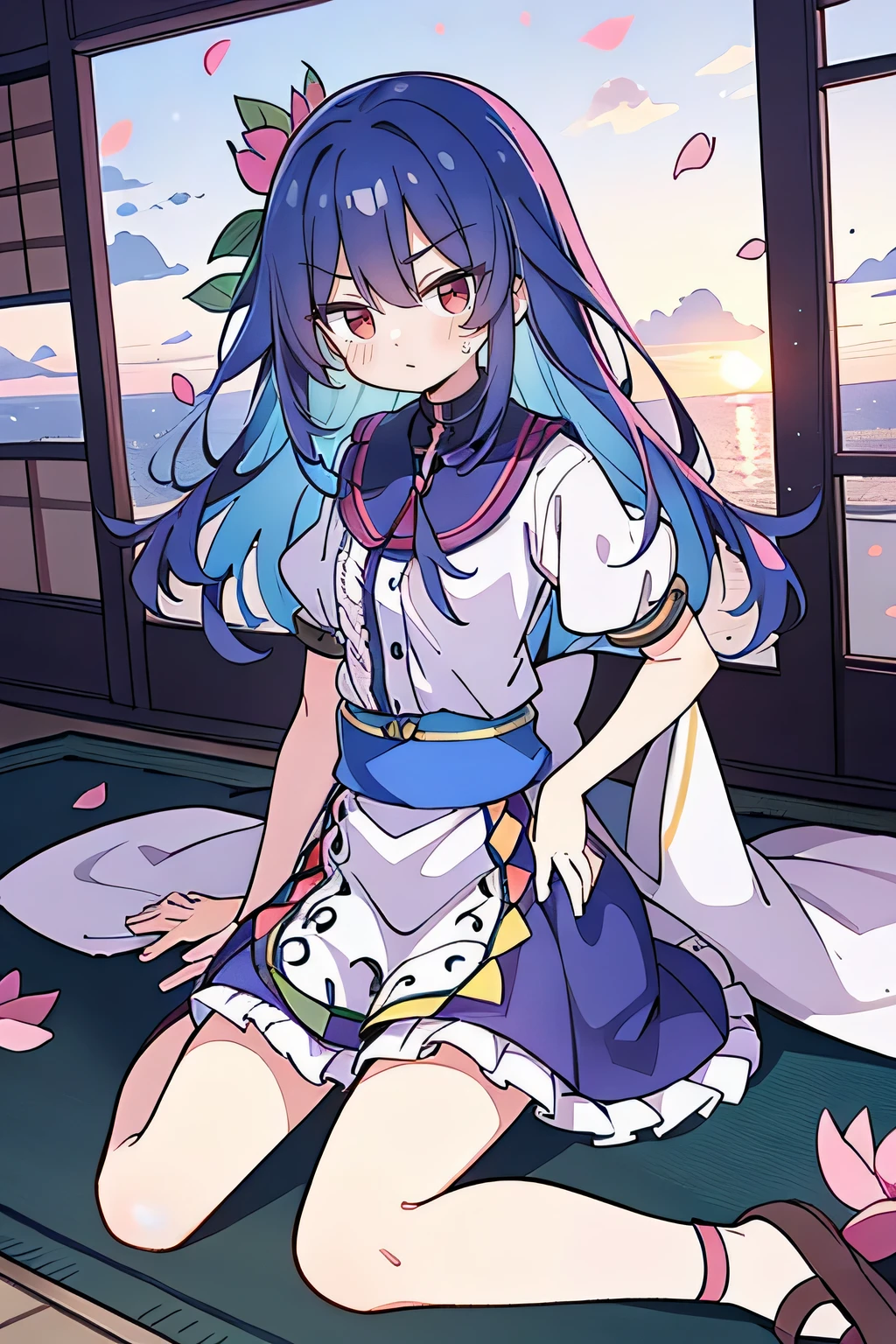 (best quality, masterpiece:1.2), expressive eyes, perfect face, 1 girl, hands on waist, beautiful, gorgeous, Japanese animation, Lola, Hinamori Angel, blue hair, floating clothes, waist grab, waist grab, hands on hips, sitting, sitting on the ground, legs on the ground, flat-chested, falling petals, sitting in a pavilion, pavilion,sunrise,Petals fall,