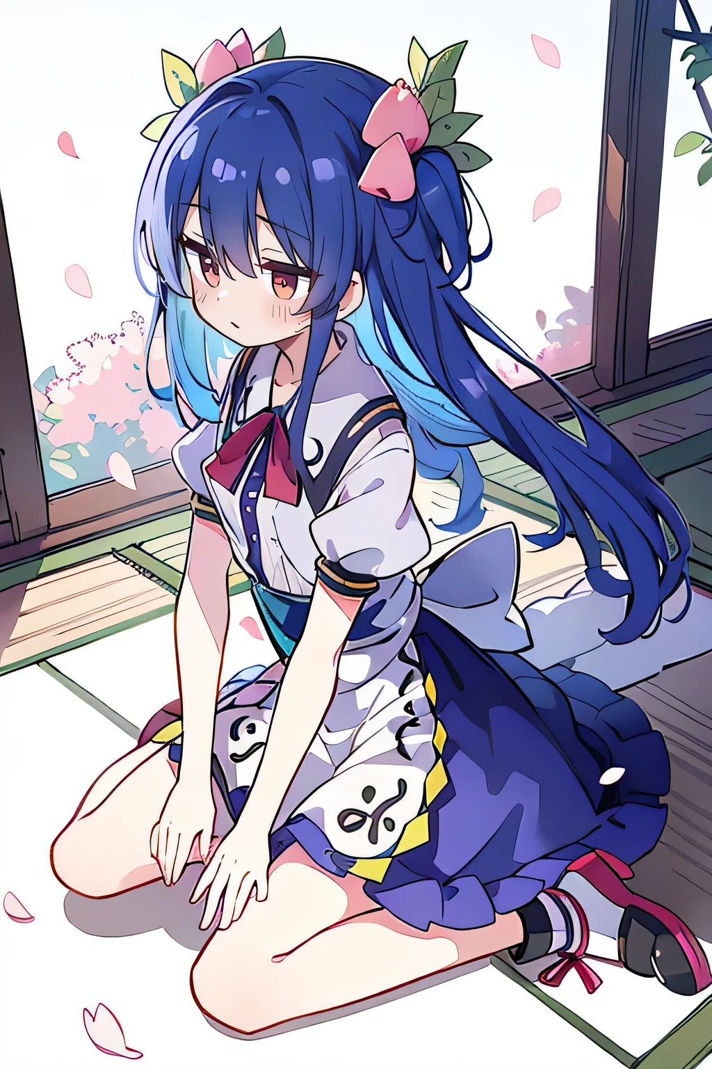 (best quality, masterpiece:1.2), expressive eyes, perfect face, 1 girl, hands on waist, beautiful, gorgeous, Japanese animation, Lola, Hinamori Angel, blue hair, floating clothes, waist grab, waist grab, hands on hips, sitting, sitting on the ground, legs on the ground, flat-chested, falling petals, sitting in a pavilion, pavilion,sunrise,Petals fall,