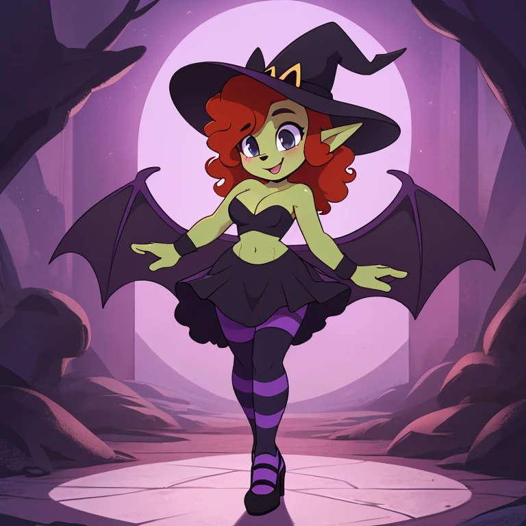 a tall and slender fairy-witch with light green skin, curly, vibrant red hair, bright light blue and graphite gray eyes, dainty, dark-violet bat wings, wearing green and violet striped leggings, worn beneath a low-cut, strapless black dress with cleavage that flares out into a tutu, violet heels with whimsically curled toes, a black witch hat. Solo. 1girl.