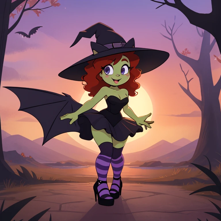 a tall and slender fairy-witch with light green skin, curly, vibrant red hair, bright light blue and graphite gray eyes, dainty, dark-violet bat wings, wearing green and violet striped leggings, worn beneath a low-cut, strapless black dress with cleavage that flares out into a tutu, violet heels with whimsically curled toes, a black witch hat. Solo. 1girl.