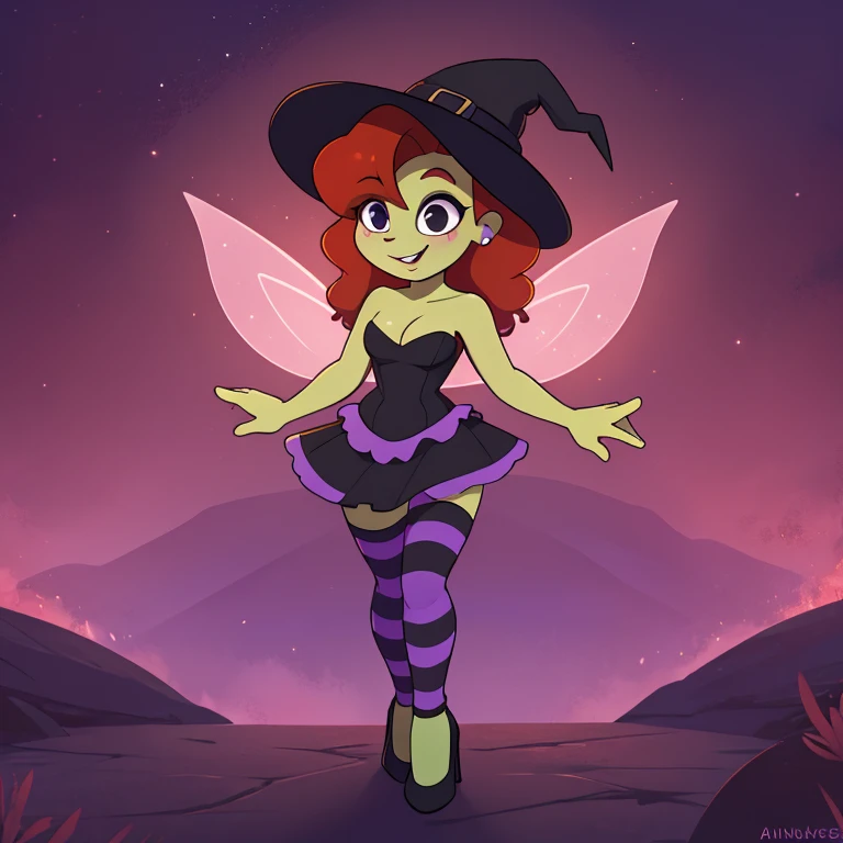 a tall and slender fairy-witch with light green skin, curly, vibrant red hair, bright light blue and graphite gray eyes, dainty, dark-violet bat wings, wearing green and violet striped leggings, worn beneath a low-cut, strapless black dress with cleavage that flares out into a tutu, violet heels with whimsically curled toes, a black witch hat. Solo. 1girl.