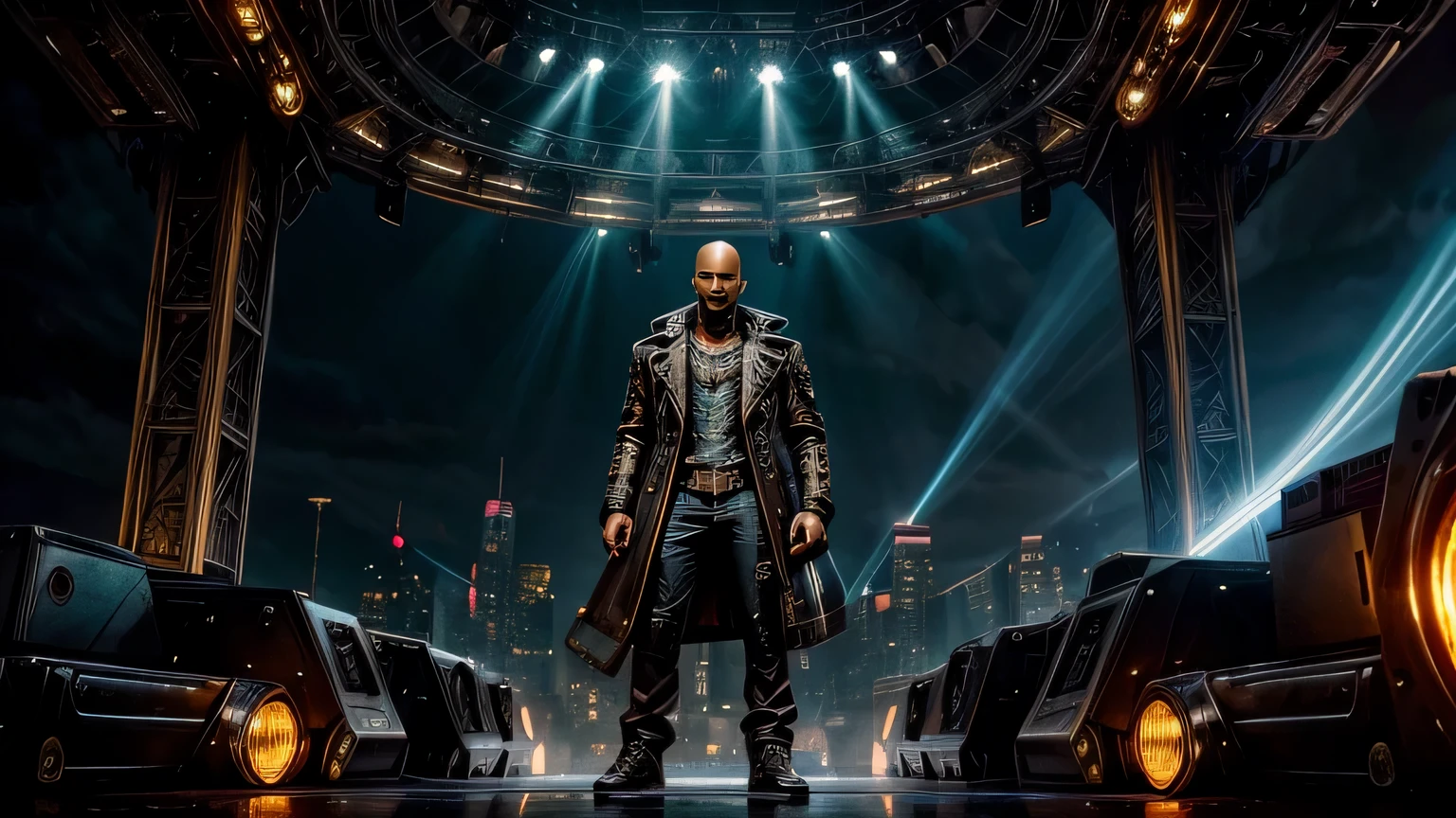 A young, athletic black male, bald head, black gotee, standing on a grand stage in the center of a large, open park, at night, basking in the warm glow of spotlights as he performs for a massive crowd of thousands. His long, lean body is adorned in baggy black jeans that hang low on his hips, whereing a white hoodie . Against the backdrop of the vast crowd, he appears almost demigod-like in his presence, his movements fluid and confident as he raps along to the beat of the music. The stage itself is decorated with an array of steampunk-inspired accents, including gears, cogs, and brass fixtures, giving the entire scene a pulp magazine-meets-futuristic vibe. Surrounding the performer, the audience is a sea of animated faces, lit up by the warm light of the stage and the glow of their smartphones, capturing the moment on film. In the distance, the city skyline twinkles like a cosmic jewel, providing a stunning backdrop for this electrifying performance., splash panel, full cover image, (steampunk), pulp magazine look, (cyberpunk aesthetic)