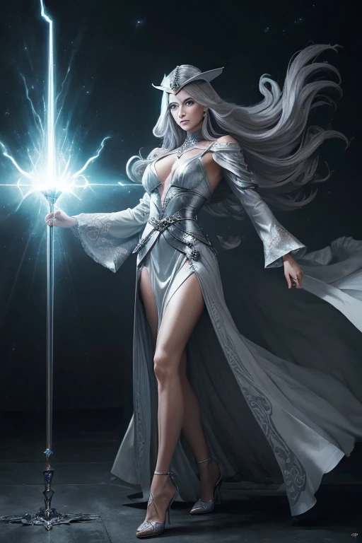 (master piece:1.8), (best quality:1.8), (exquisite lighting and shadow, highly dramatic picture, cinematic lens effect) 8k, wallpaper, dynamic pose, one hand pointing the sky, looking at the viewer, Full Body female long silver hair waving in the air dark fantasy magician lady wearing an elaborate futuristic thin super gray and light gray large tunic with white lines and long sleeves, with a big gray magician hat, high heels, holding a middle magic staff, thin waist, notorious hips, serious look in the eyes, blue energy explosion behind, ethereal lightning, sharp focus
