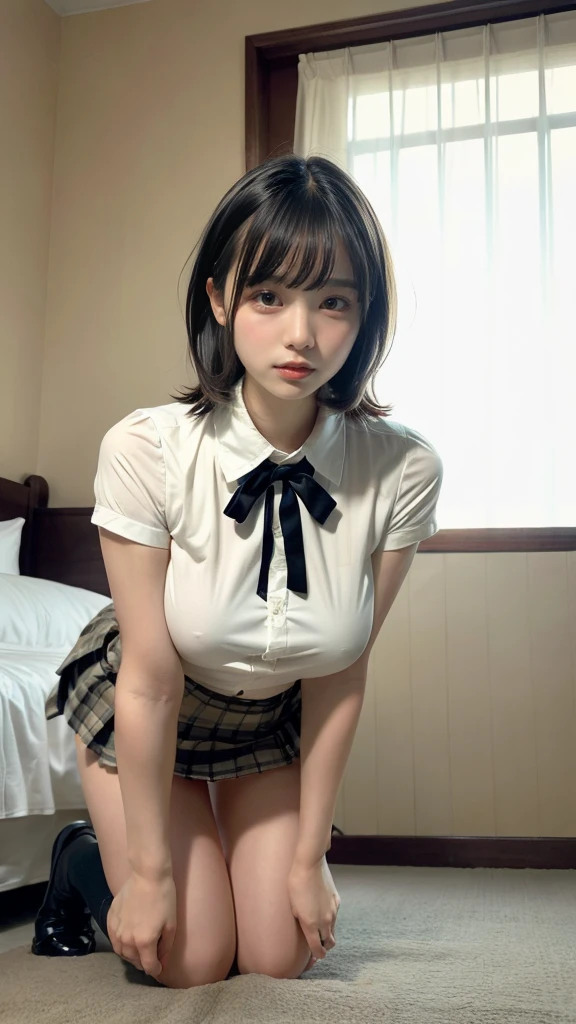 muste piece, best quality, illustration, Super detailed, fine details, High resolution, 8K,wall paper, perfect dynamic composition,(Details High quality, realistic depiction of eyes:1.3), (collared shirt:1.1), pleated skirt, knee high socks, large breasts, short bob hair, black hair color, Big Natural Color Lip, (perfect body shape), crying a little、cold gaze, Harajuku style、20 year old girl、cute type、lolita、beautiful legs, hotel room, Gravure Idol, Voluptuous thighs, large hip, getting pounded from behind, on all fours