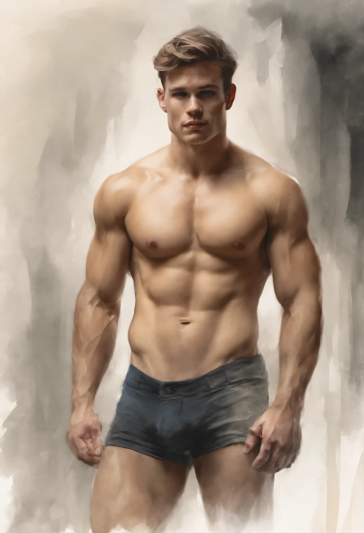 sketch, 20 yo male figure study, young muscle-bound jock, standing, full stocky body, completely naked, totally , , sans clothing, au natural, covering crotch with a white towel, bare butt, crowded gym shower with spraying showers and showering men in background, pastels, by harry bush, James Montgomery Flagg and Lois van Baarle and jim french and rossdraws, detailed realistic eyes, big bare feet, large bulge in crotch, very handsome, beautiful