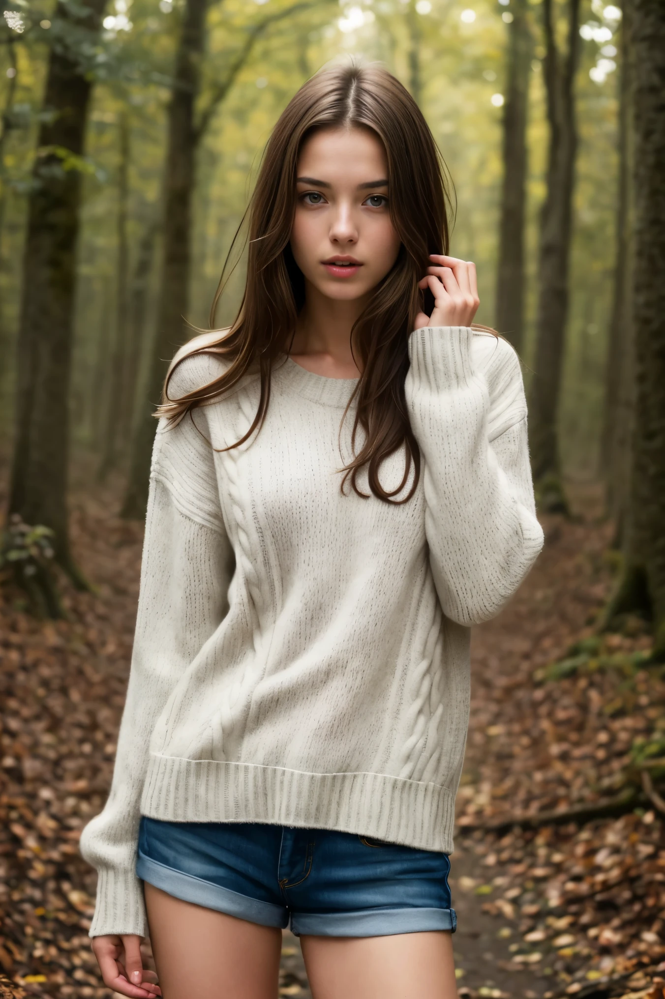 (bestquality,realistic:1.2),(brunette hair:1.1),(French:1.1),(sexy:1.1),(slim figure:1.1),(18 years old:1.1),(handcuffed:1.1),(sweater:1.1),(rolled-up sleeves:1.1),(hands up:1.1),(visible legs:1.1),(open mouth:1.1),illustration,forest,detailed eyes,detailed lips,high definition,professional lighting,vivid colors