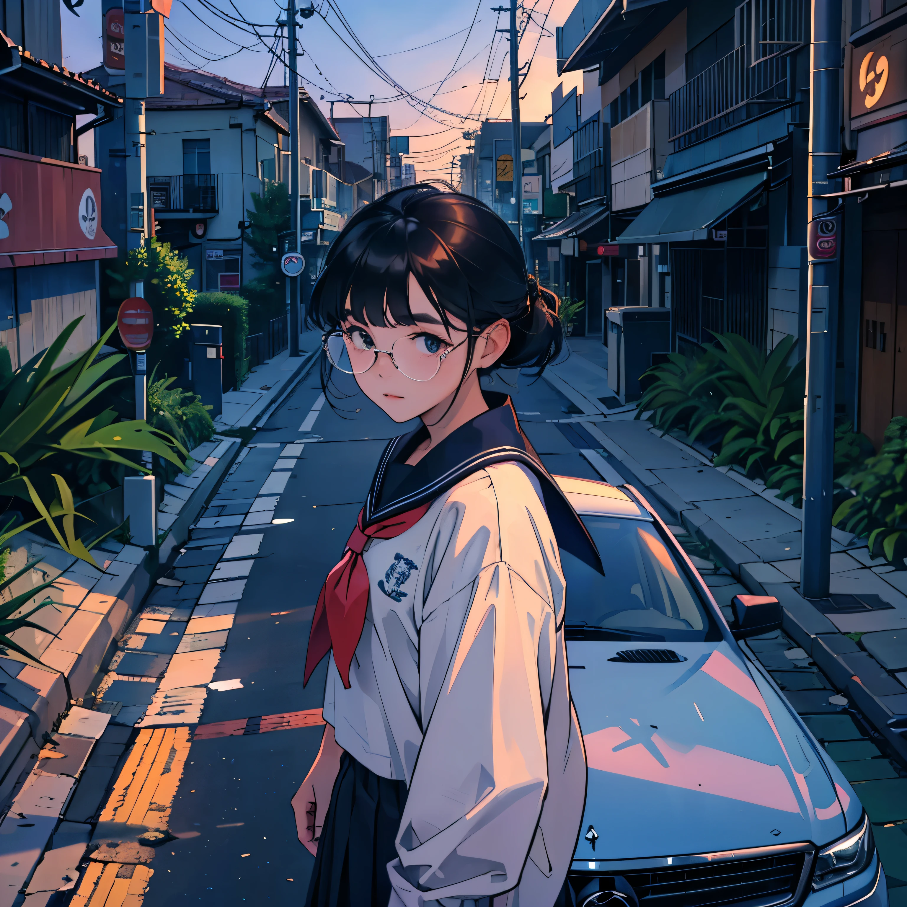 (bird's eye view from above),(diagonal angle),(at night),(Two persons),(girl and youngman),(two people in a car), (a foreign car),(Passersby pass by on the sidewalk )In a busy downtown area at night, while passersby are bustling about, a middle school girl in a sailor uniform is riding in a foreign car driven by a man wearing sunglasses and an Hawaiian shirt, sticking her head out of the passenger seat and looking out at the street. 