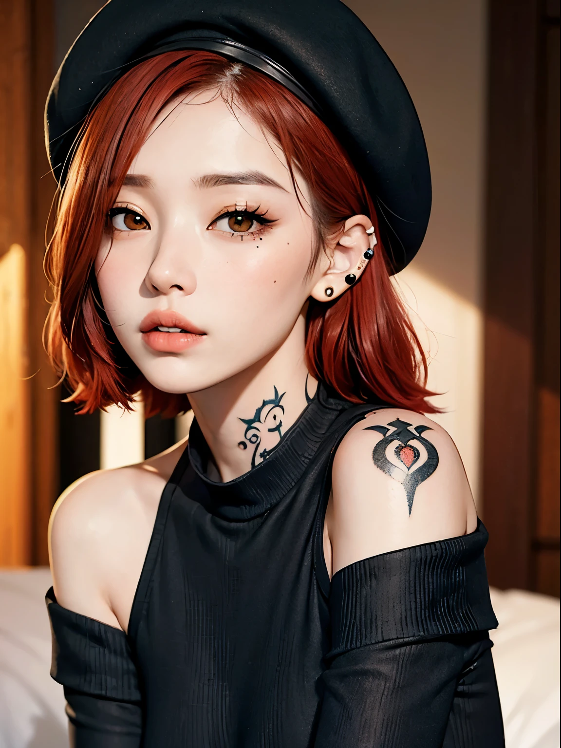 Girl with tattoo and piercing, close up, potrait, facelight, ultrasharp, (zentangled), off shoulder, short light red hair wth bangs, ((black beret)), arm tattoo, neck tattoo, gray eyes, androgynous person, (((black clothes)), taiwanese girl with tattoos