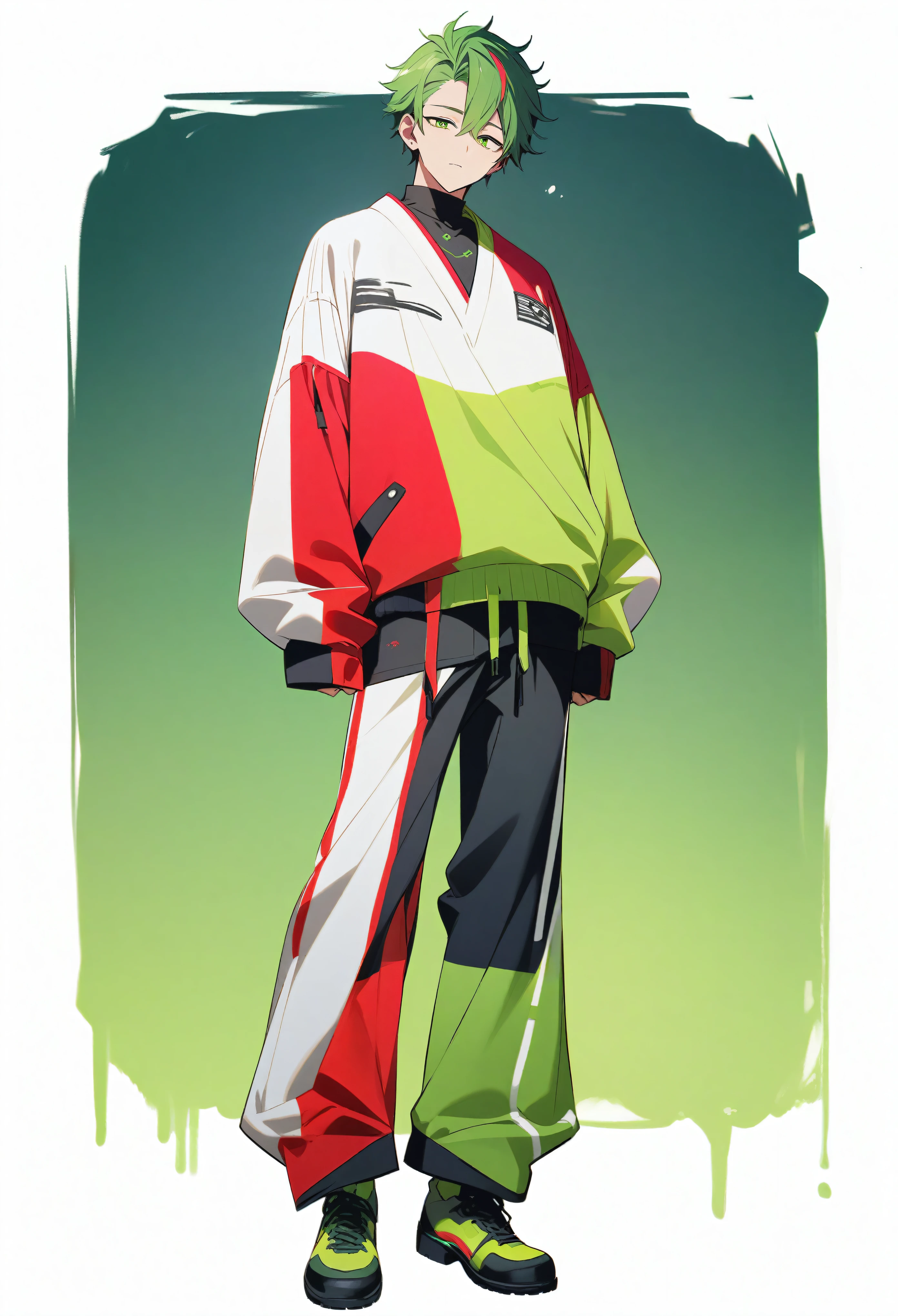 Full body picture of milk、 Handsome boy with red and green color matching