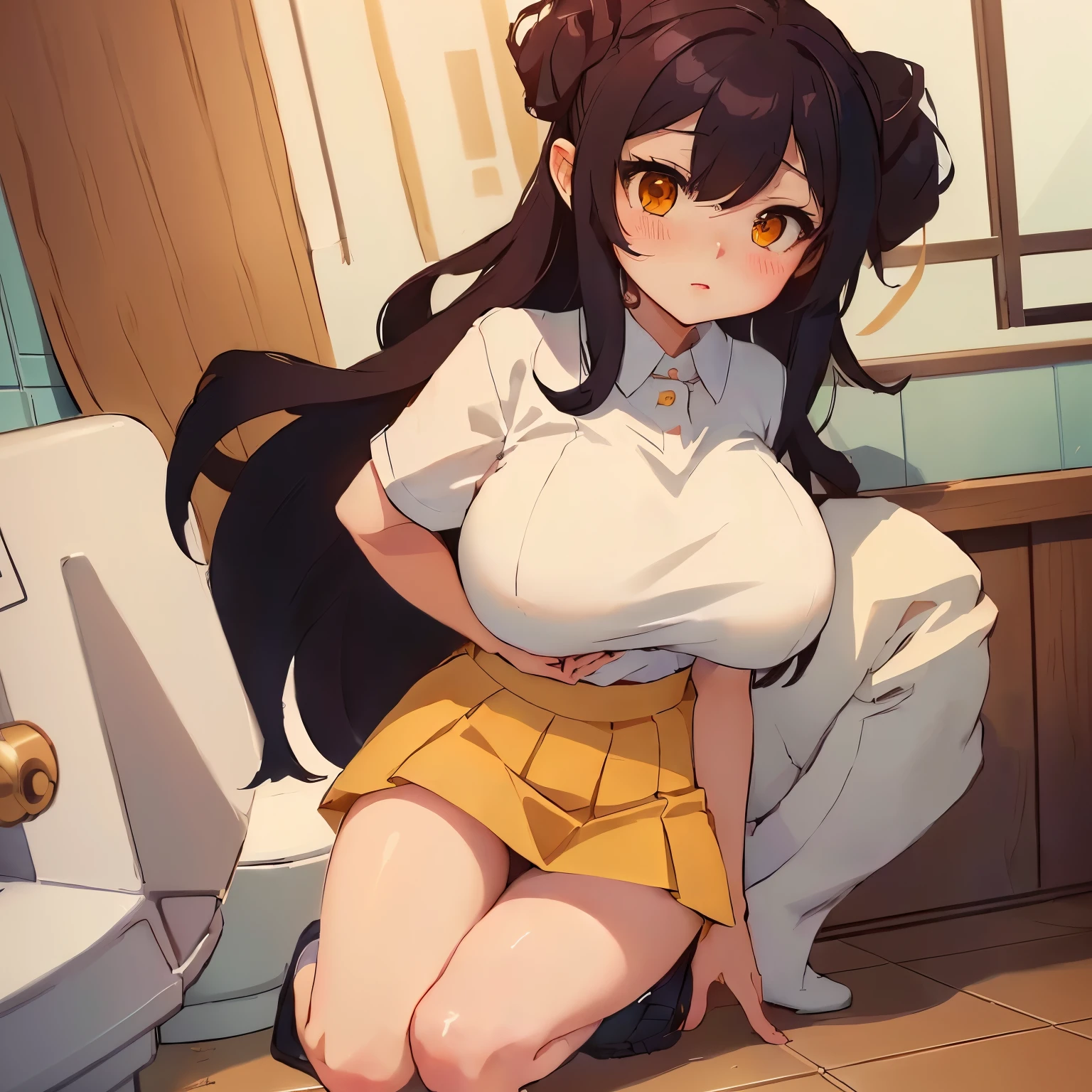 Anime girl in a short skirt kneeling on the bathroom floor, Anime Moe Art Style, Beautiful anime girl crouching, , Anime girl crouching, Enchanting anime girl, In the bathroom, maAlso kitagawa fanart, (SFW) Safe at Work, Naughty anime style, Cute Anime Girl, Hestia, Also, thick